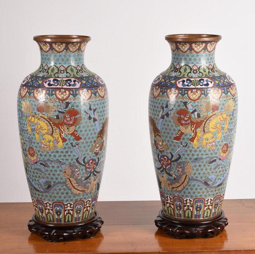 Cloissoné Pair of 19 Century Chinese Cloisonne Vases with Rosewood Stands