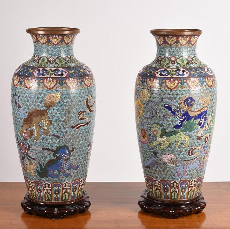 Pair of 19 Century Chinese Cloisonne Vases with Rosewood Stands In Good Condition In New York, NY