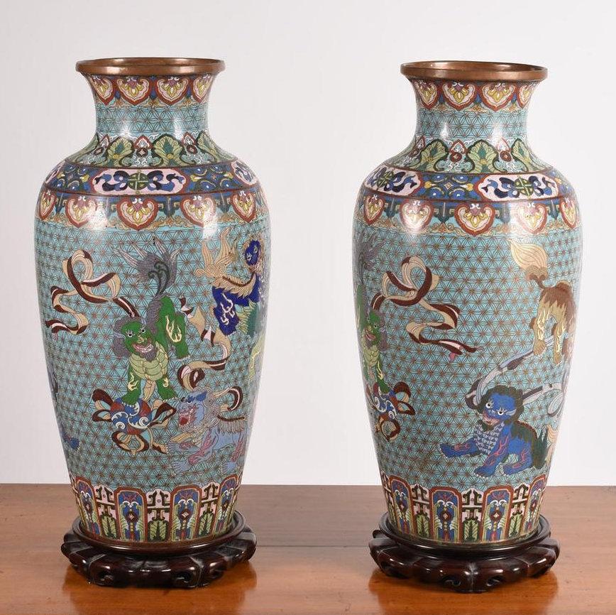 19th Century Pair of 19 Century Chinese Cloisonne Vases with Rosewood Stands