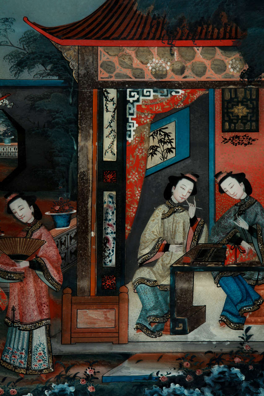 Paire de tableaux de miroirs chinois du 19ème siècle peints à l'envers en vente 2