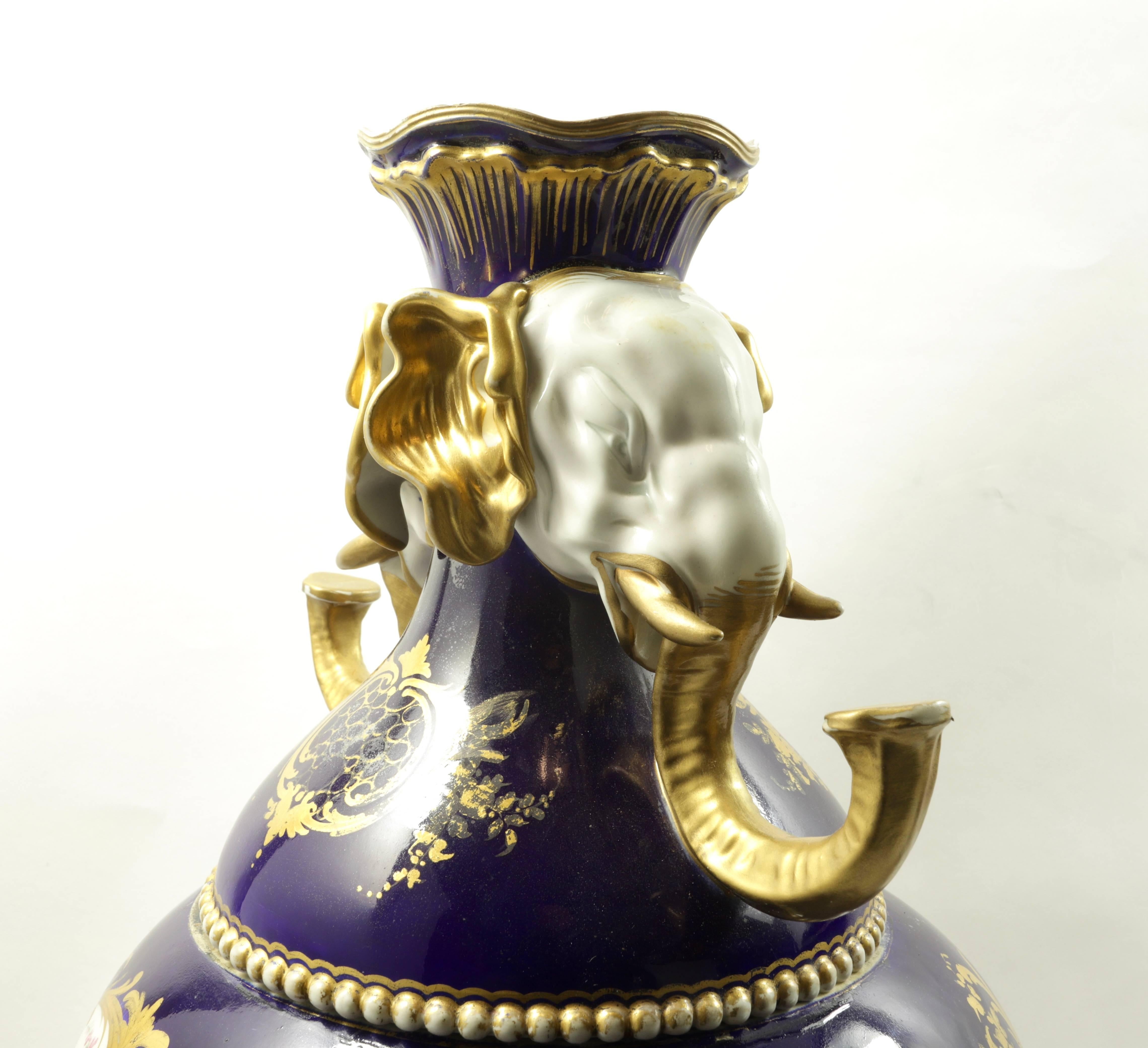 Pair of 19th Century Cobalt Blue Sèvres Style Vases with Elephant Handles In Fair Condition In New York, NY