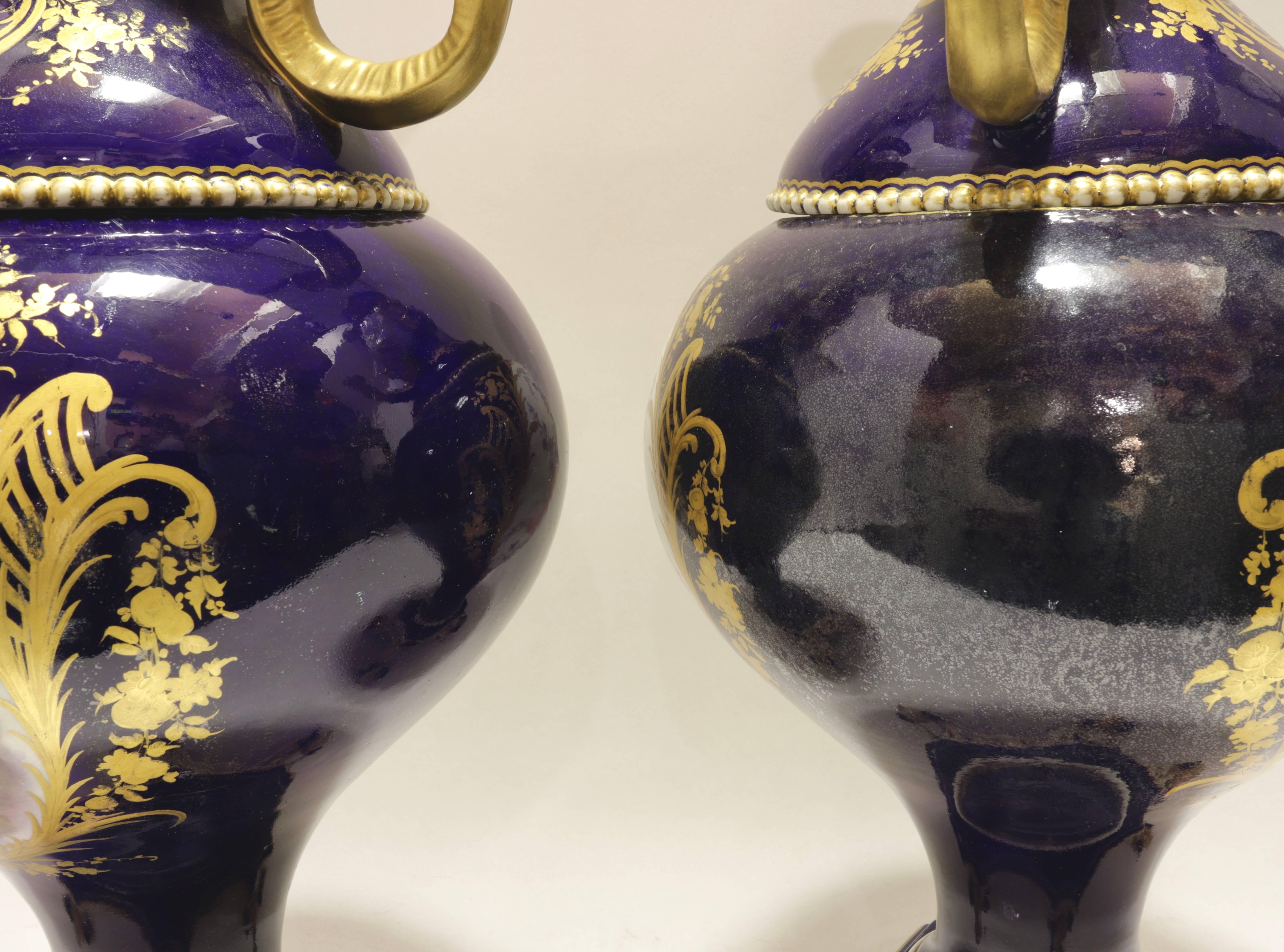 Pair of 19th Century Cobalt Blue Sèvres Style Vases with Elephant Handles 1