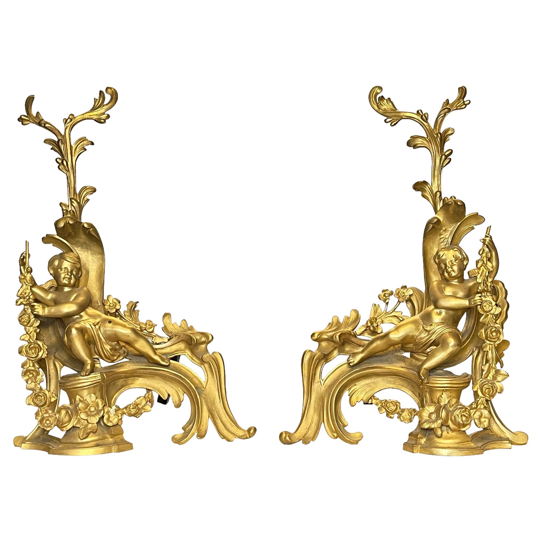 Pair of 19 Century French Louis XVI Style Gilt Bronze Cherub Motif Figural and For Sale