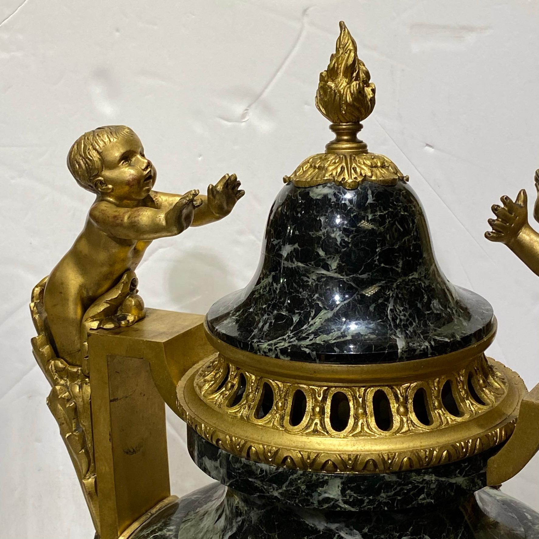 Pair of 19 Century French Louis XVI Style Gilt Bronzed Mounted Marble Urns For Sale 7