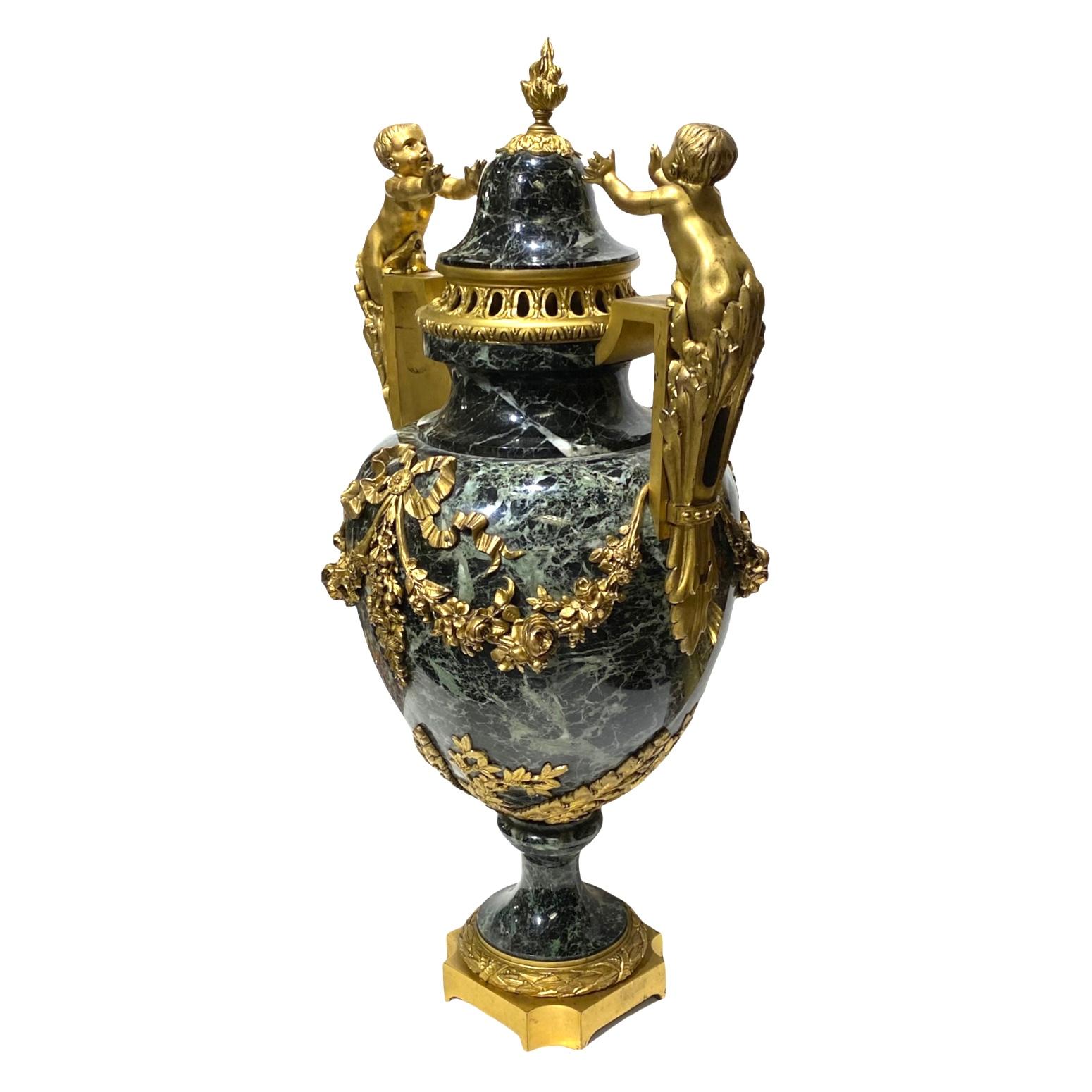 Pair of 19 Century French Louis XVI Style Gilt Bronzed Mounted Marble Urns In Good Condition For Sale In New York, NY