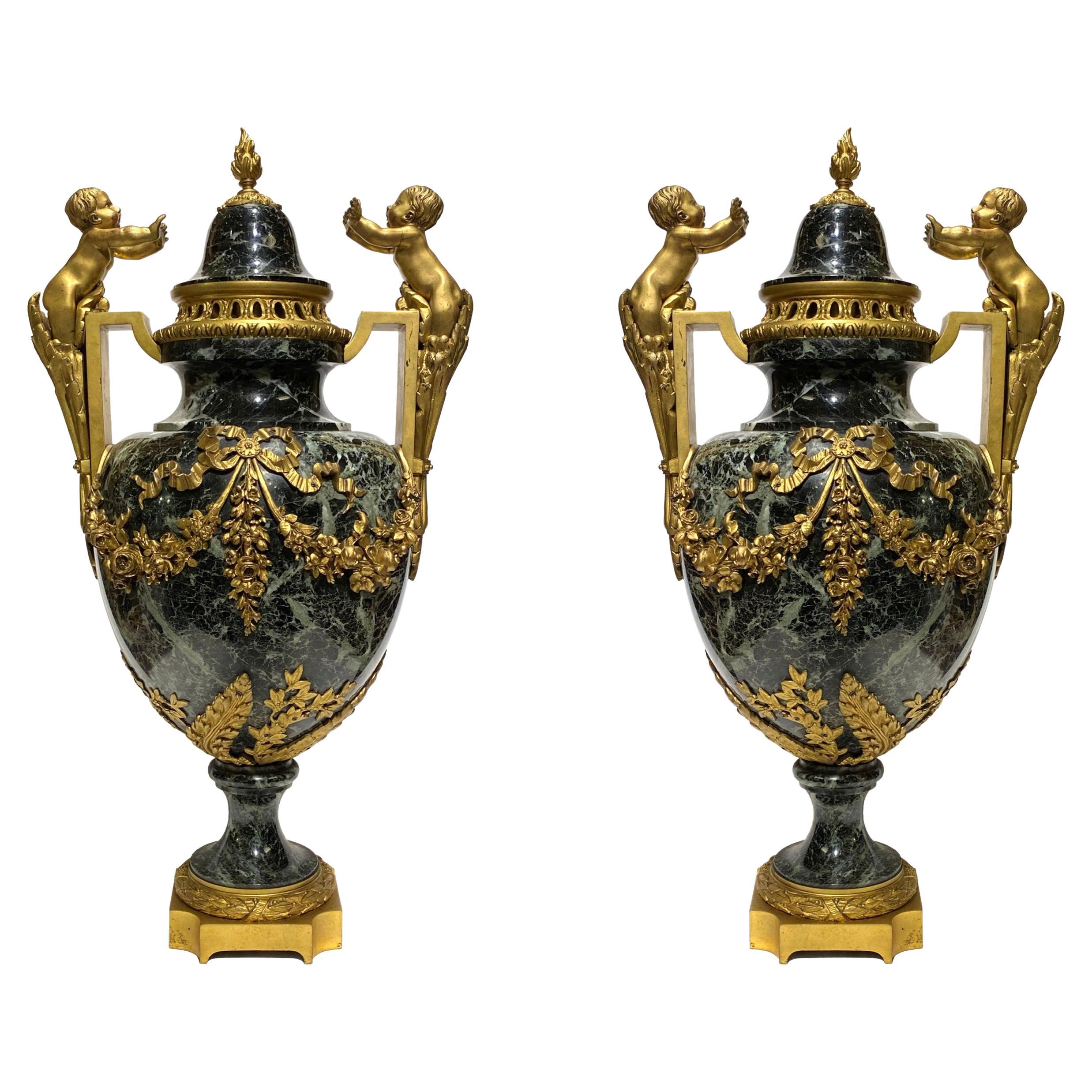 Pair of 19 Century French Louis XVI Style Gilt Bronzed Mounted Marble Urns