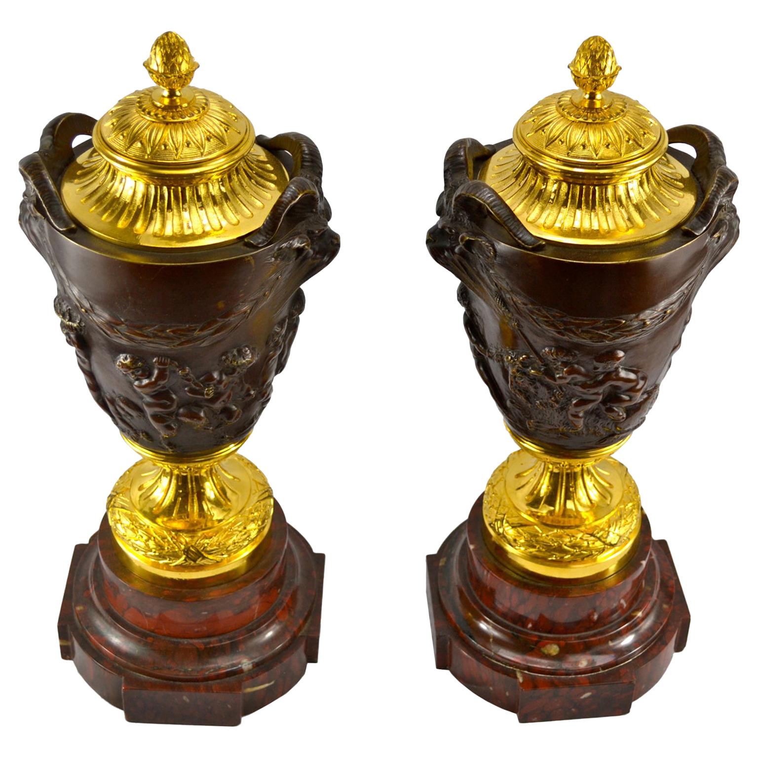Pair of 19 Century Gilt and Patinated Bronze Cassolettes After Clodion