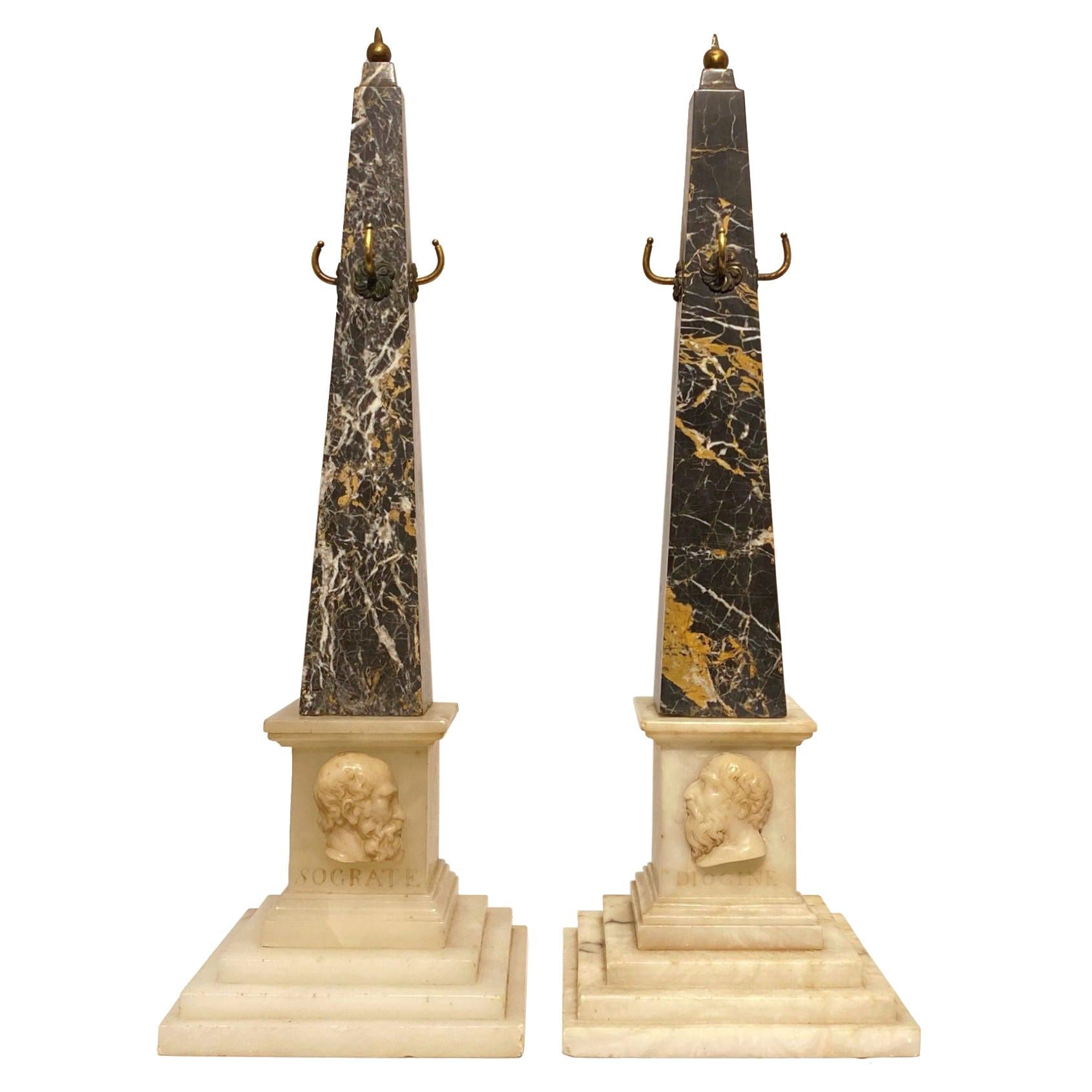 Pair of 19 Century Grand Tour Marble and Alabaster Obelisks Socrates" & "Diogine For Sale