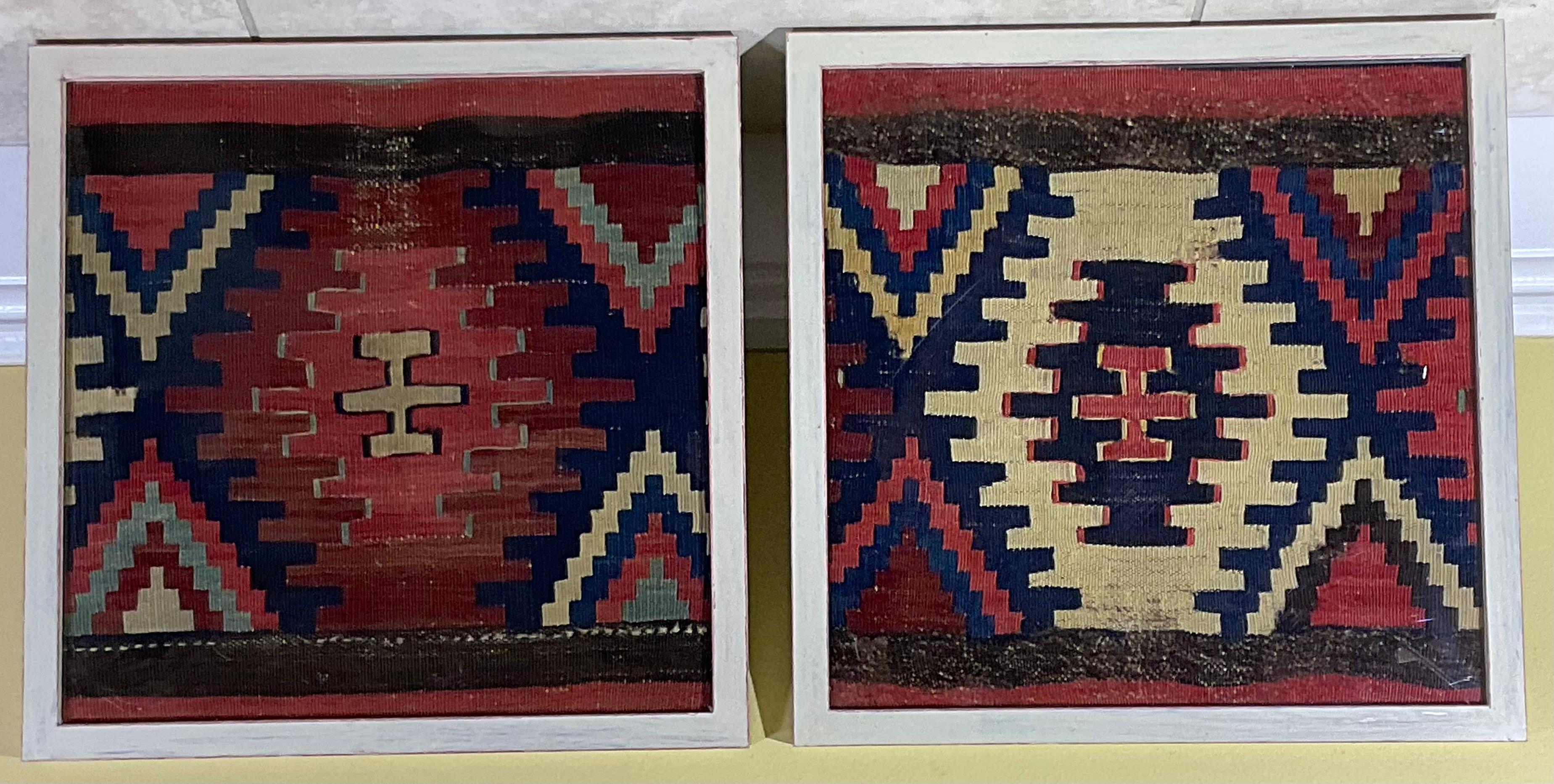 Beautiful pair of wall handing ,hand woven   textile , geometric motifs ,professionally mounted on cotton backing . 
backing sewn together by hand, framed with front acrylic glass like , to make ,one of a kind object of art .
, Despite their