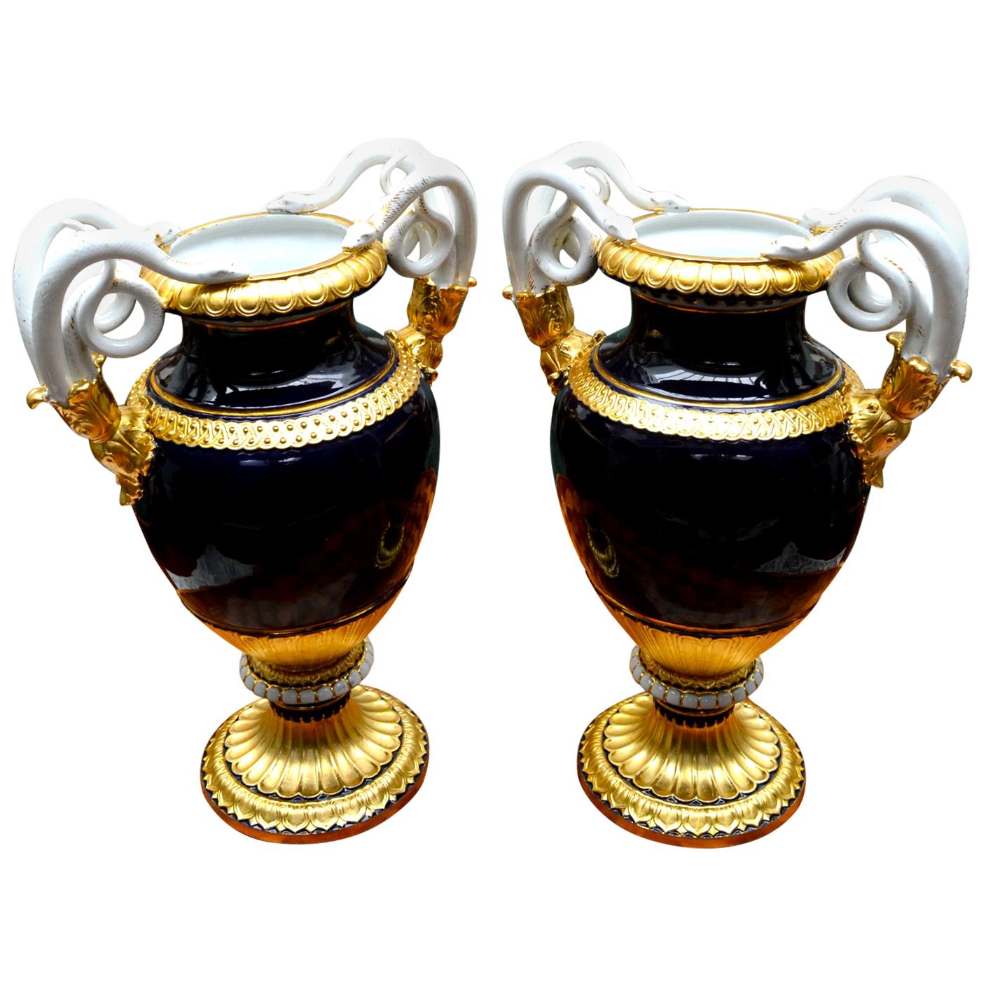 Pair of 19th Century Meissen Snake Handled Cobalt Blue "Schlangenvasen" Vases
