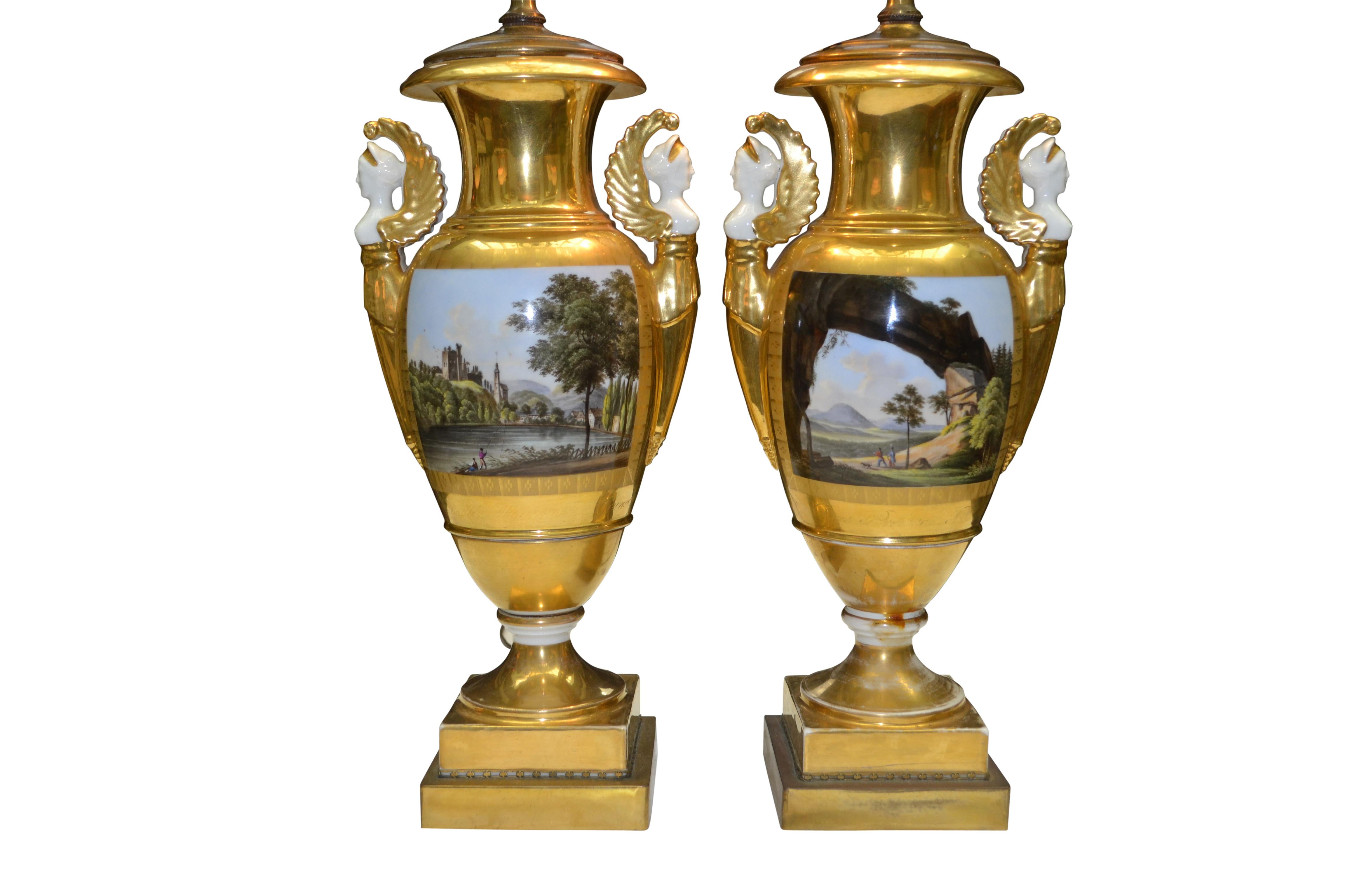 Empire Pair of 19th Century Painted and Gilded Saxon Porcelain Landscape Vase Lamps