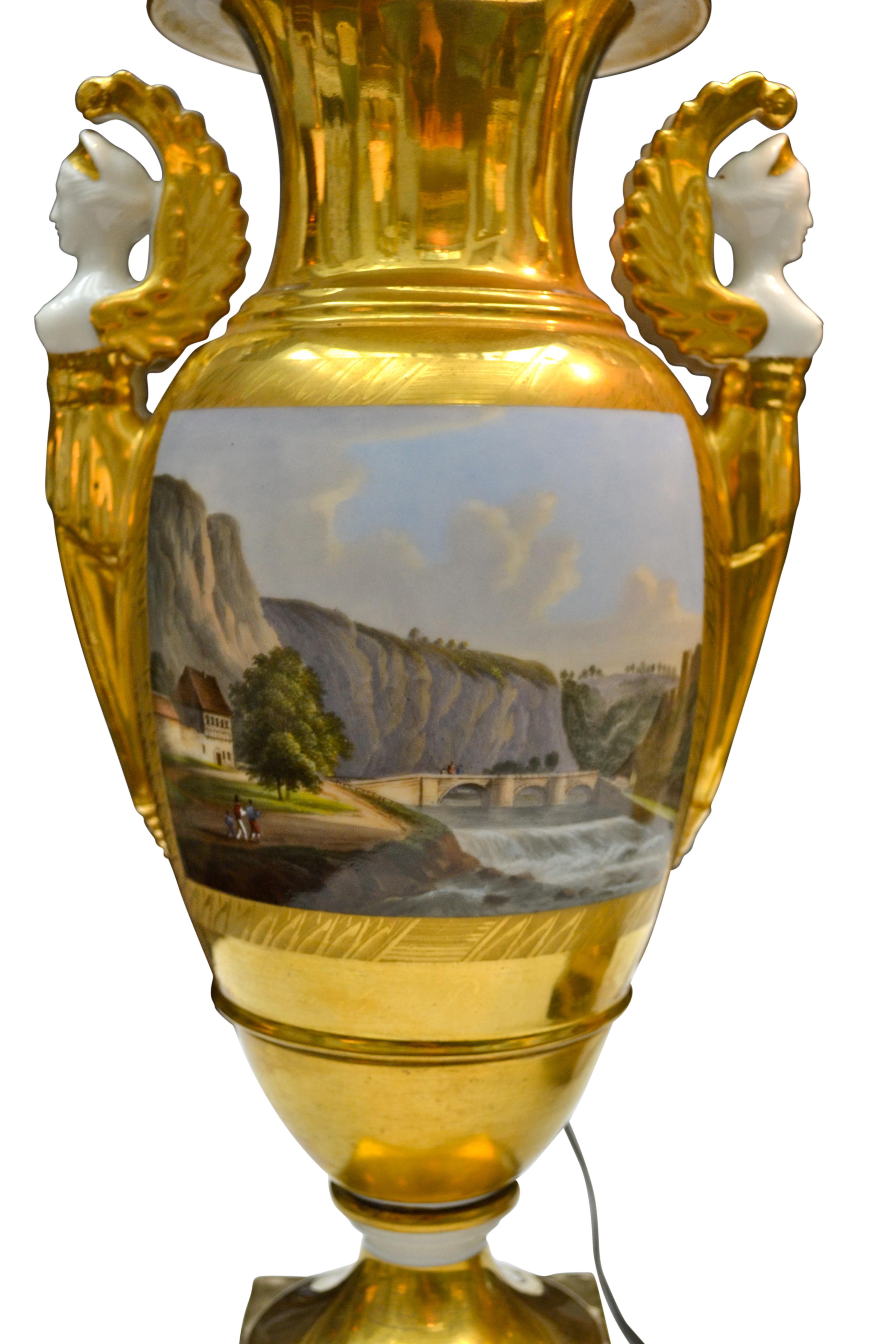 Gilt Pair of 19th Century Painted and Gilded Saxon Porcelain Landscape Vase Lamps
