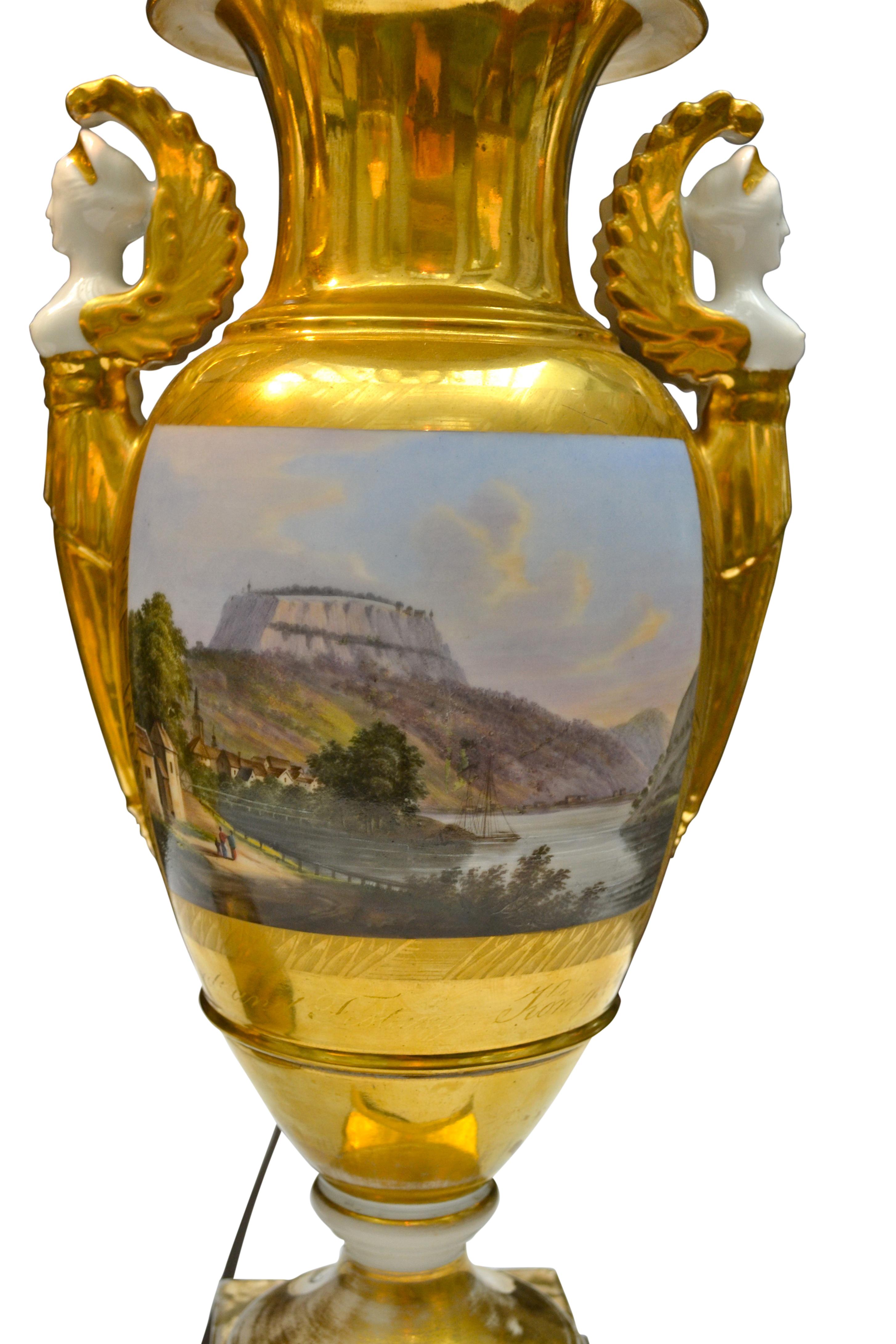 Pair of 19th Century Painted and Gilded Saxon Porcelain Landscape Vase Lamps In Good Condition In Vancouver, British Columbia