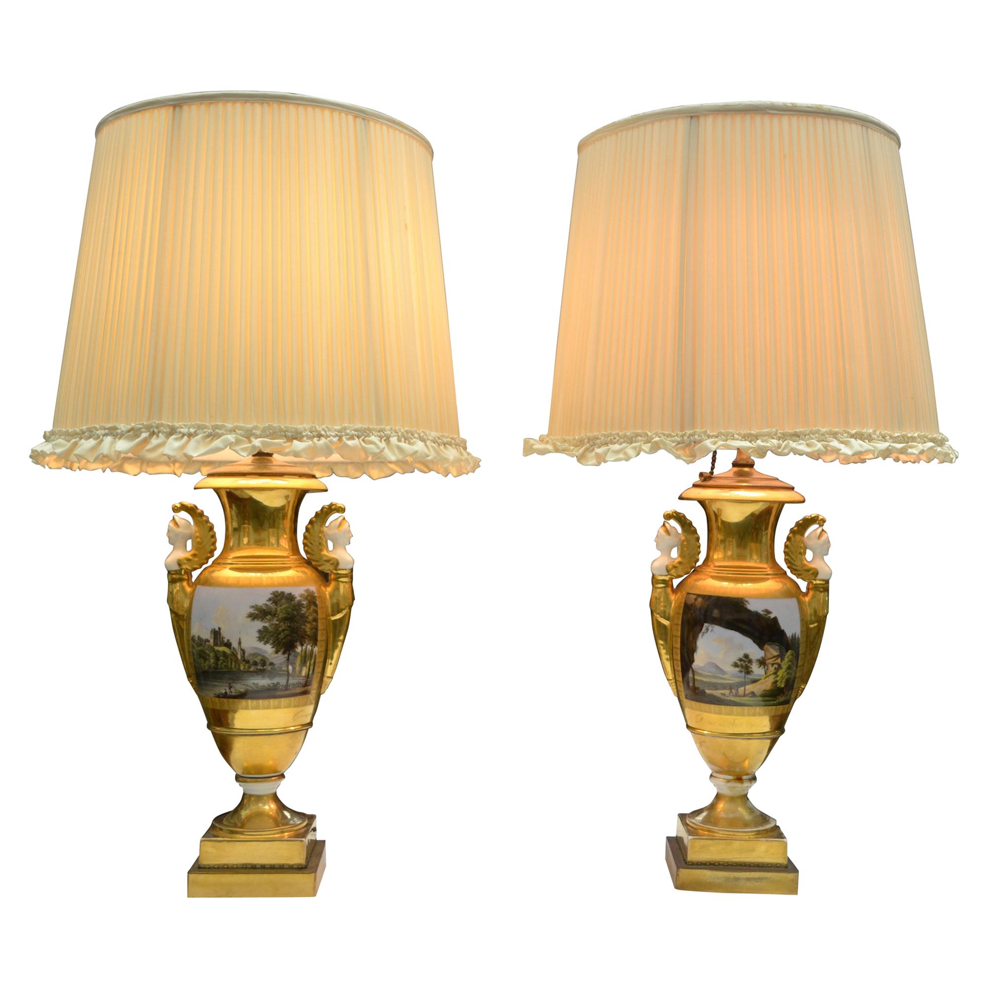 Pair of 19th Century Painted and Gilded Saxon Porcelain Landscape Vase