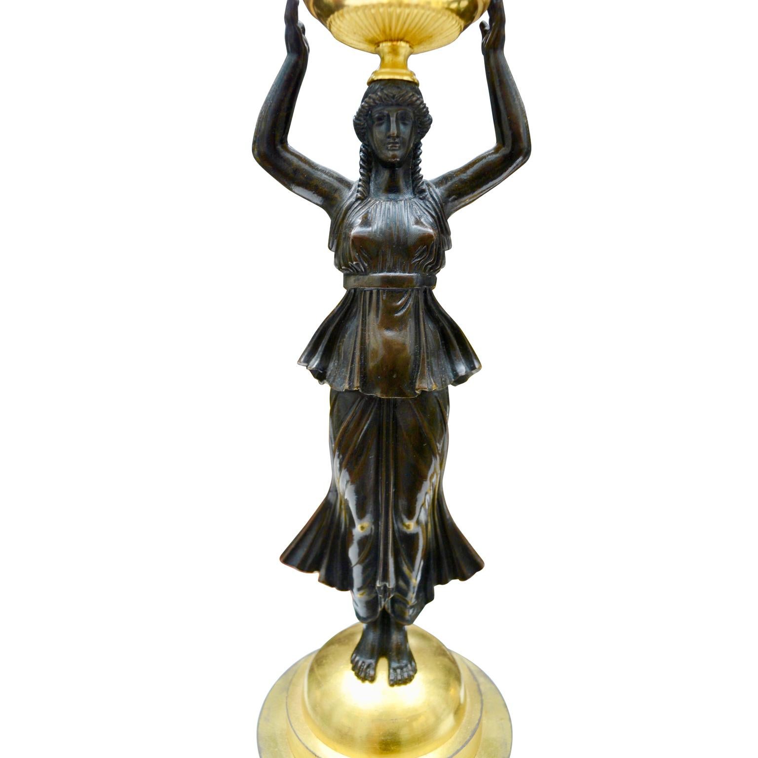 XIXe siècle Paire de figurines de l'Empire russe du 19ème siècle, dorées et patinées.  Candélabre en bronze en vente
