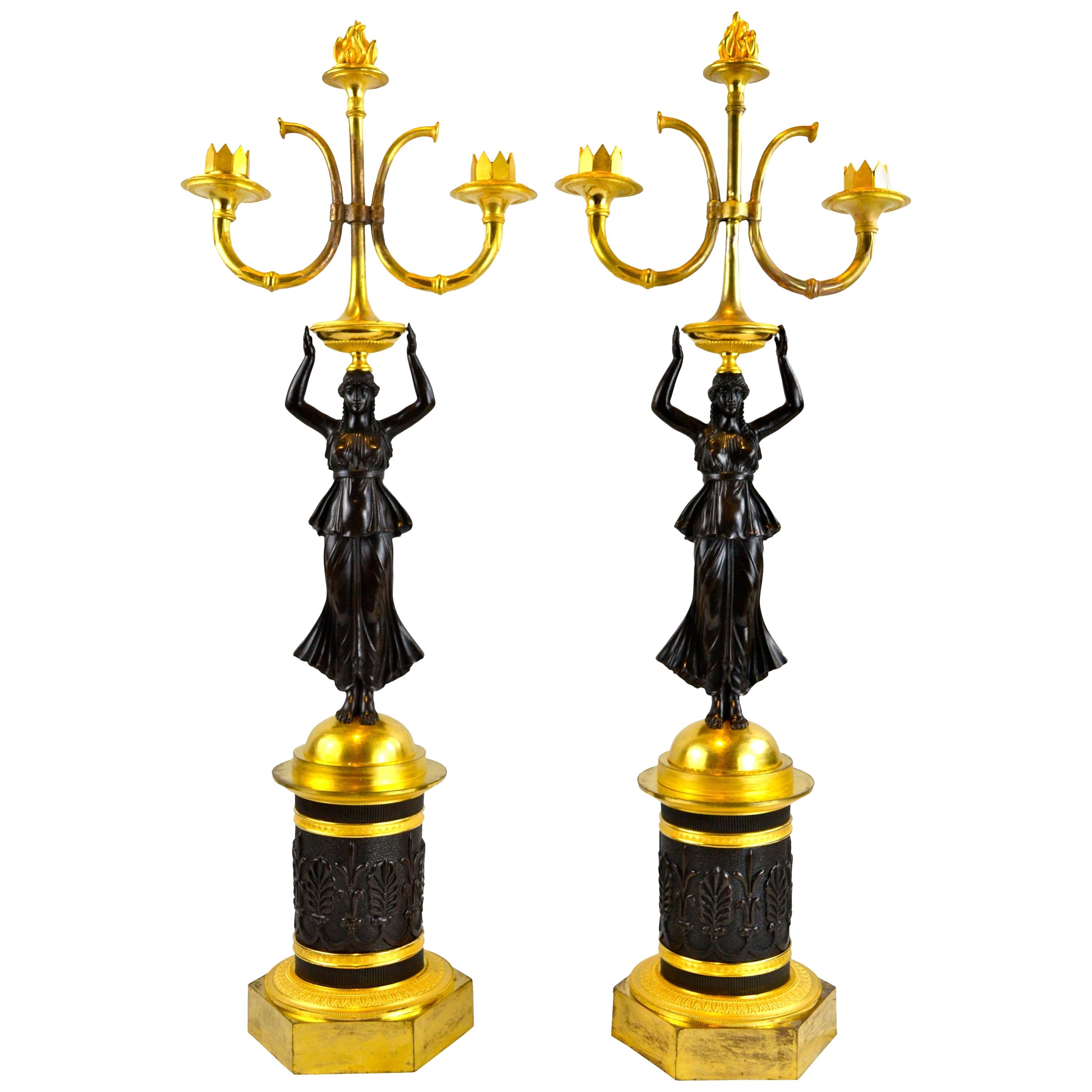 Pair of 19 Century Russian Empire Figural Gilt and Patinated  Bronze Candelabra For Sale