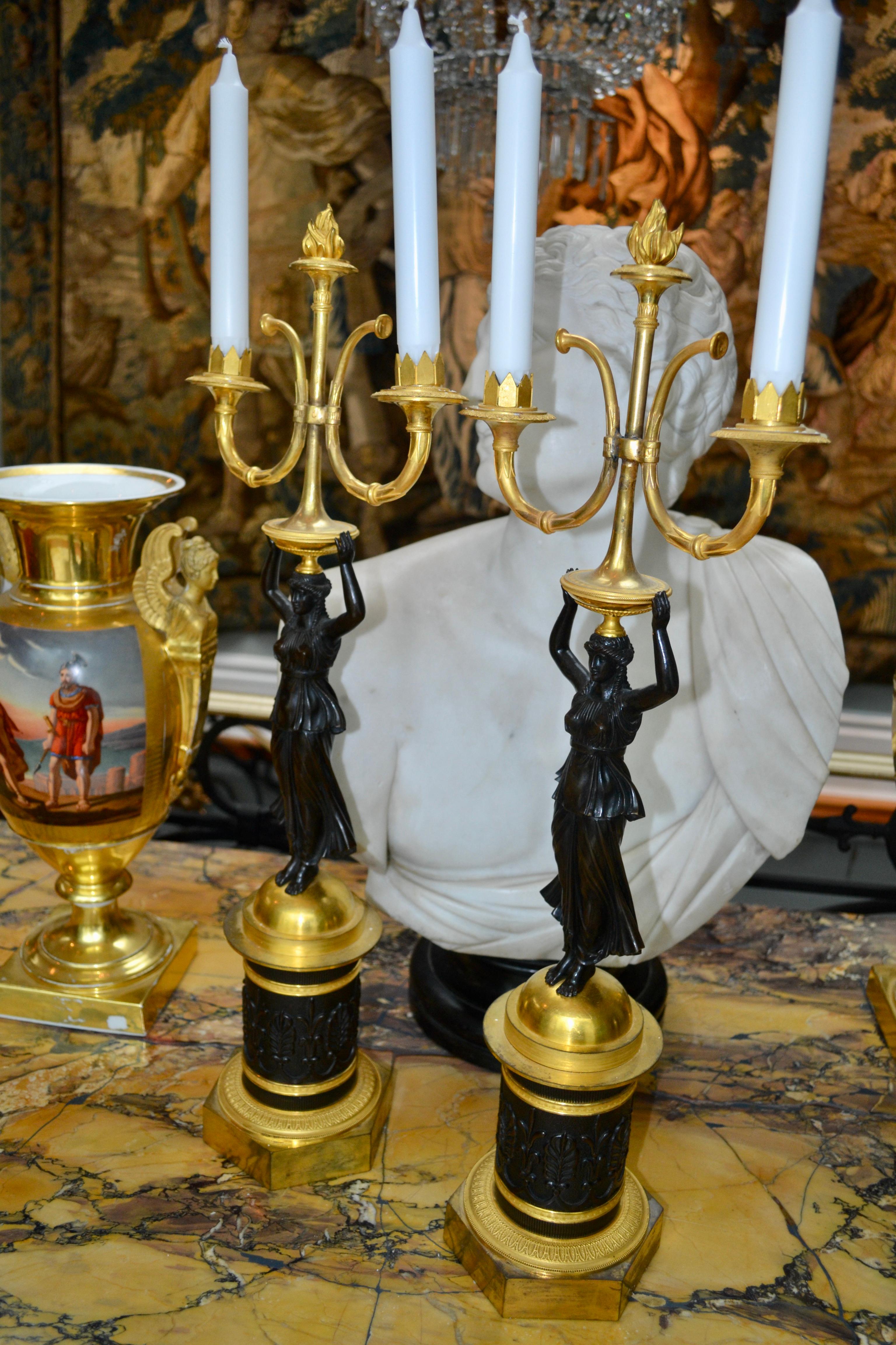 Pair of 19 Century Russian Empire Figural Gilt and Patinated  Bronze Candelabra For Sale 4