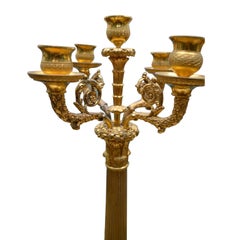 A Pair of 19thC Russian Gilt Bronze Candelabra on Triangular Malachite Bases