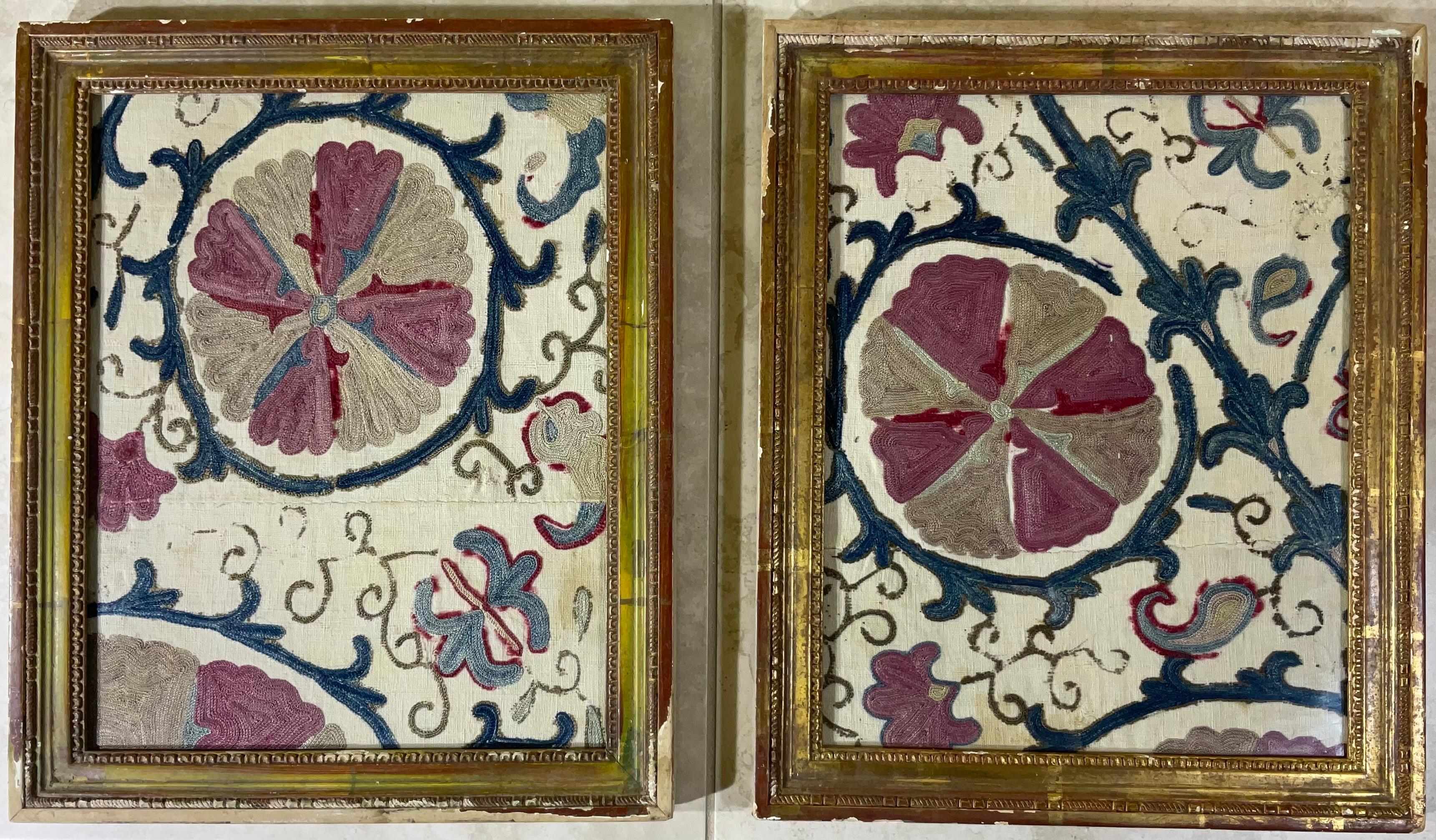 Embroidered Pair Of  19 Century Suzani Textile framed Wall Hanging For Sale