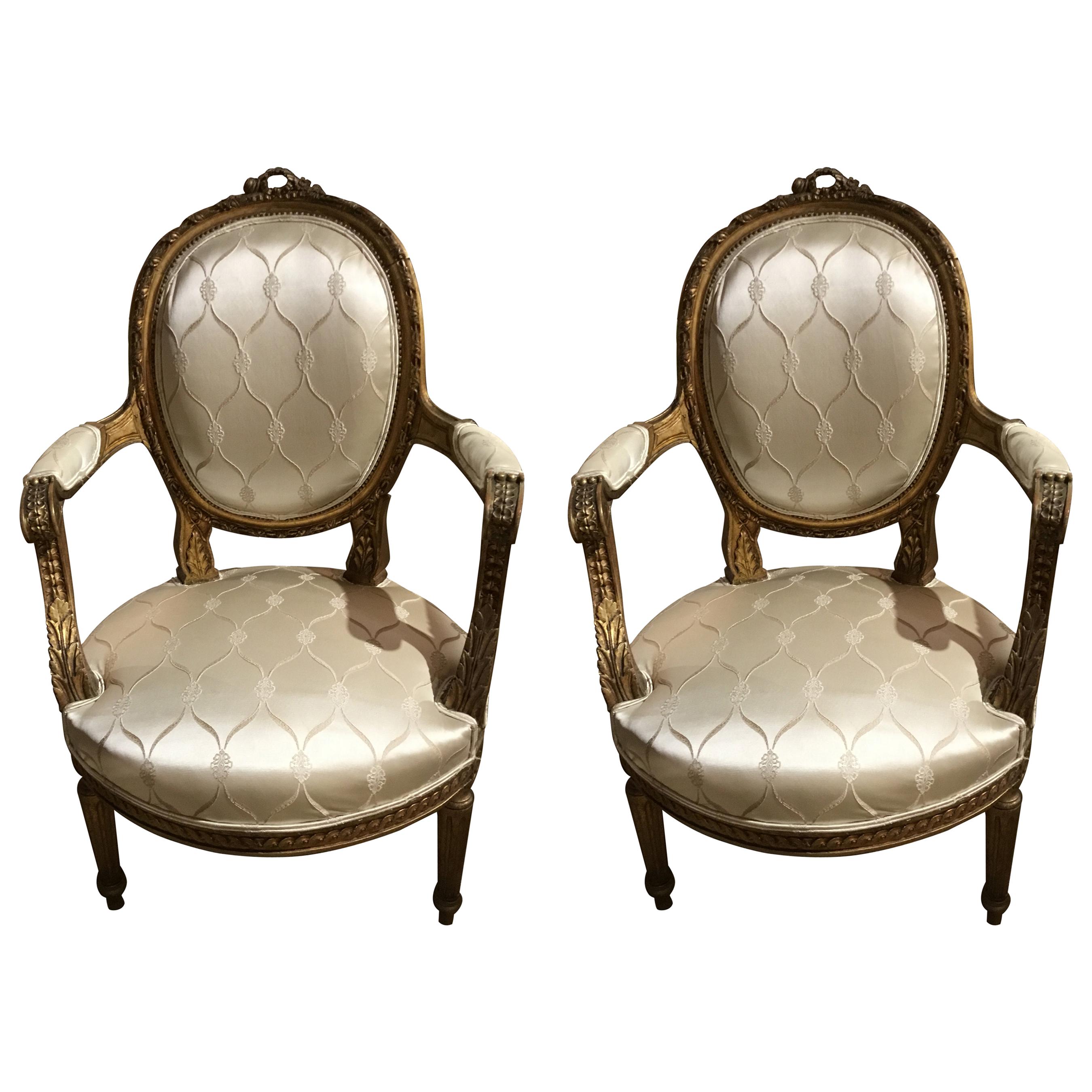 Pair of 19th Century Louis XVI Style Giltwood Chairs with New Upholstery