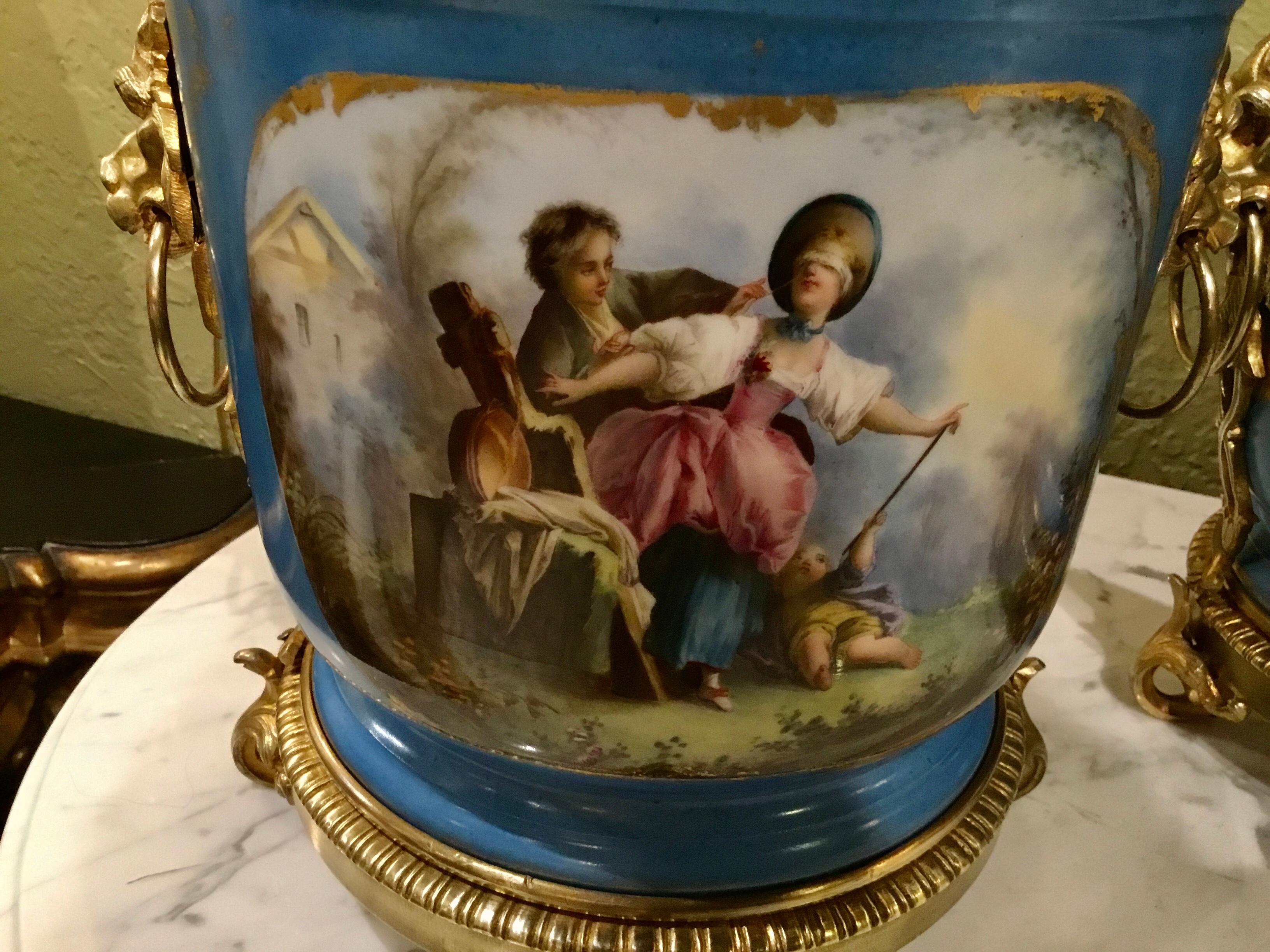 Hand-Painted Pair of Sevres Porcelain Cache Pots or Planters-jardinière, Celeste Bleu For Sale