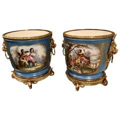 Pair of Sevres Porcelain Cache Pots or Planters-jardinière, Celeste Bleu