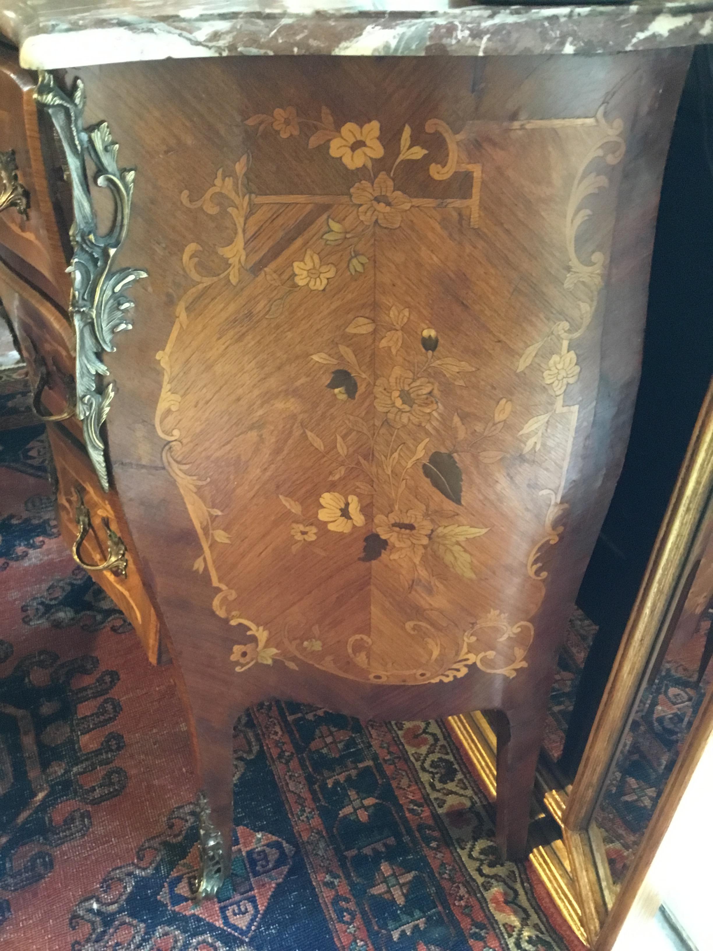 Marquetry Pair of 19th Century French Commodes, Louis XV Style with Marble Tops For Sale