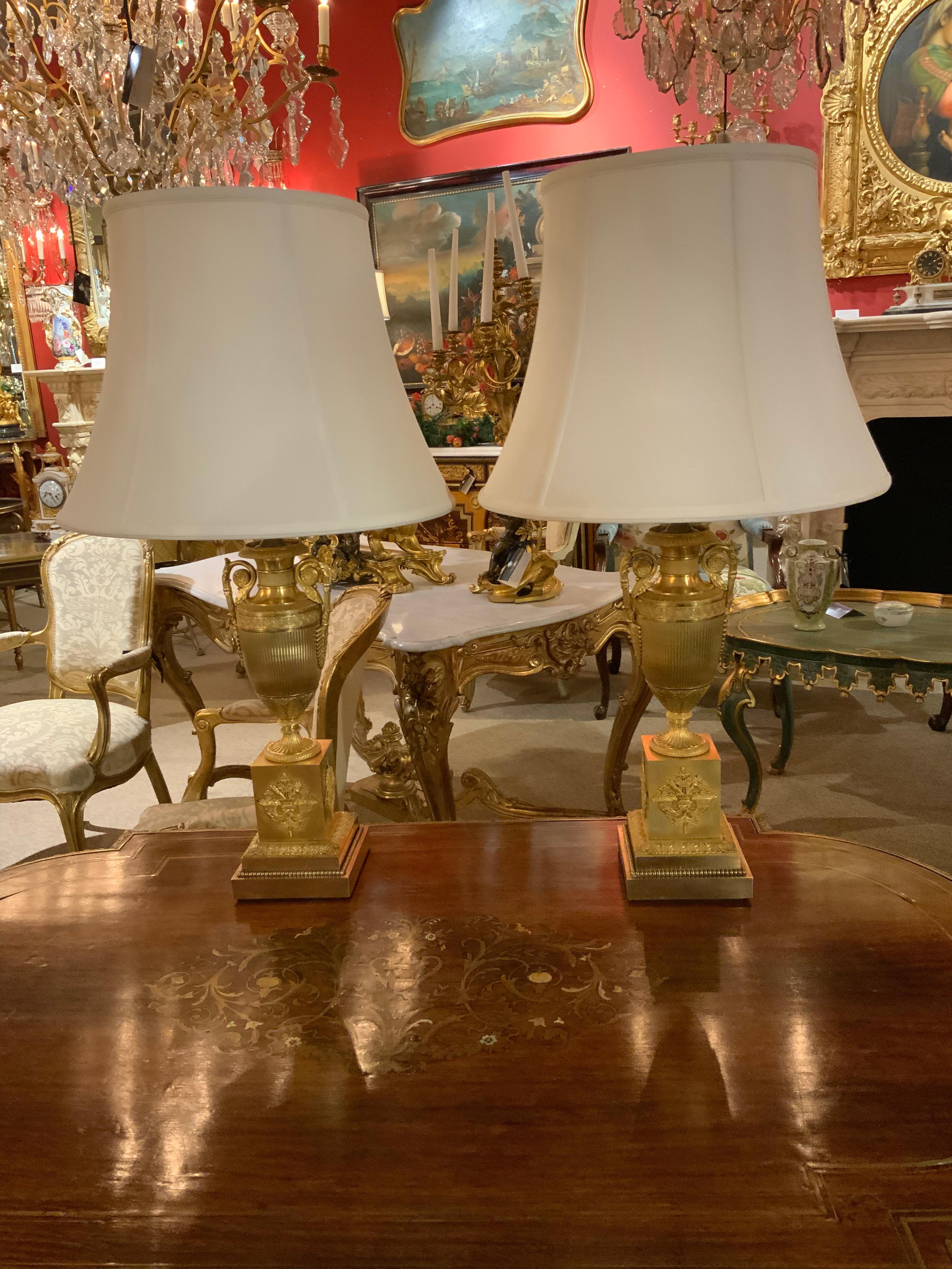 French Pair of 19th Century Neoclassical Gilt Bronze Lamps