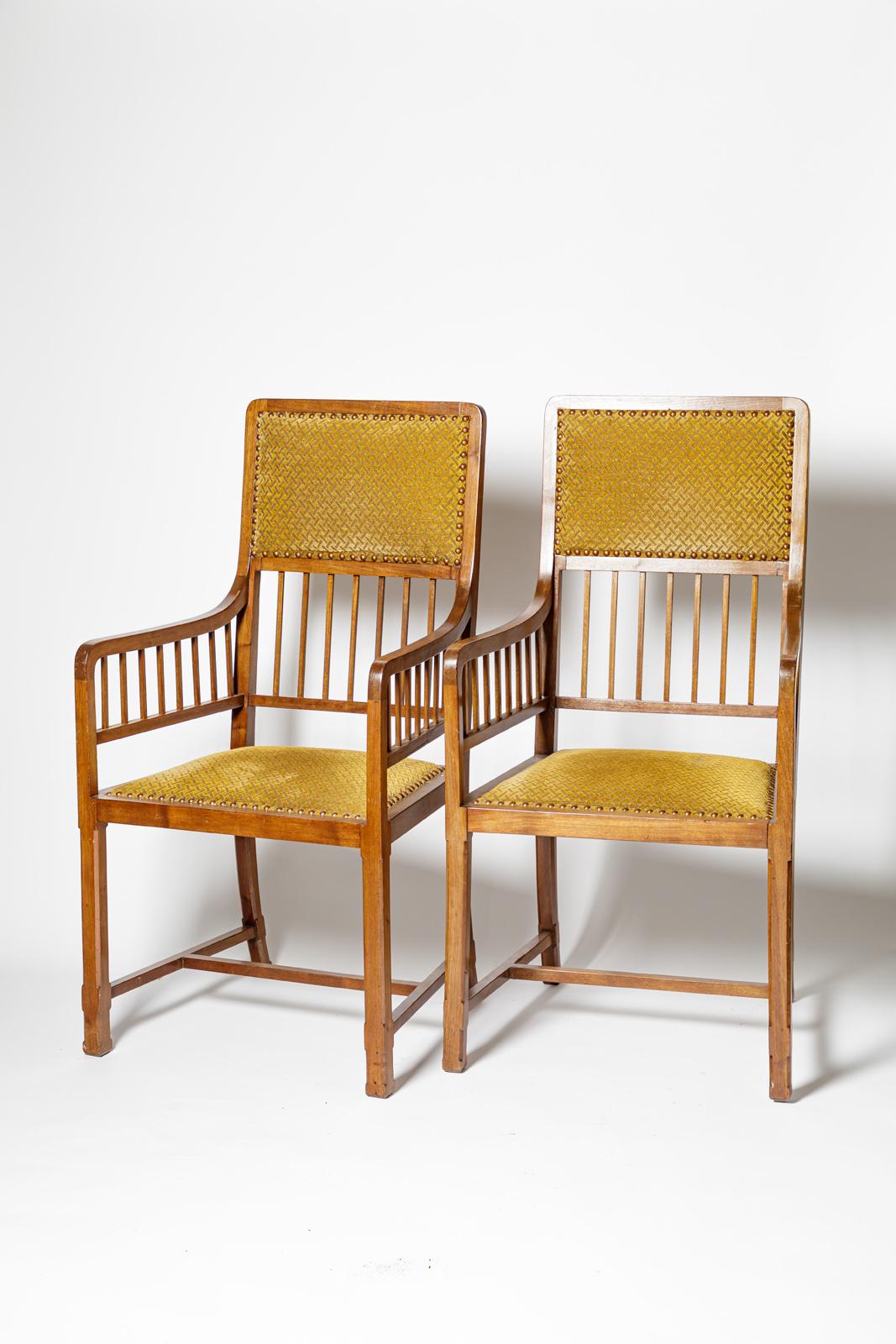 Paire de fauteuils de canapé Art Déco Jugendstil 1900 en bois et tissu d'origine en vente 5