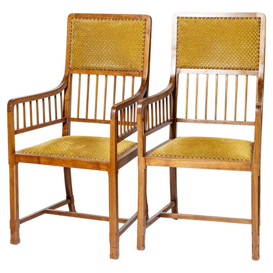 Pair of 1900 Art Deco Jugendstil Wood and Fabric Original Armchairs Sofa Chairs For Sale