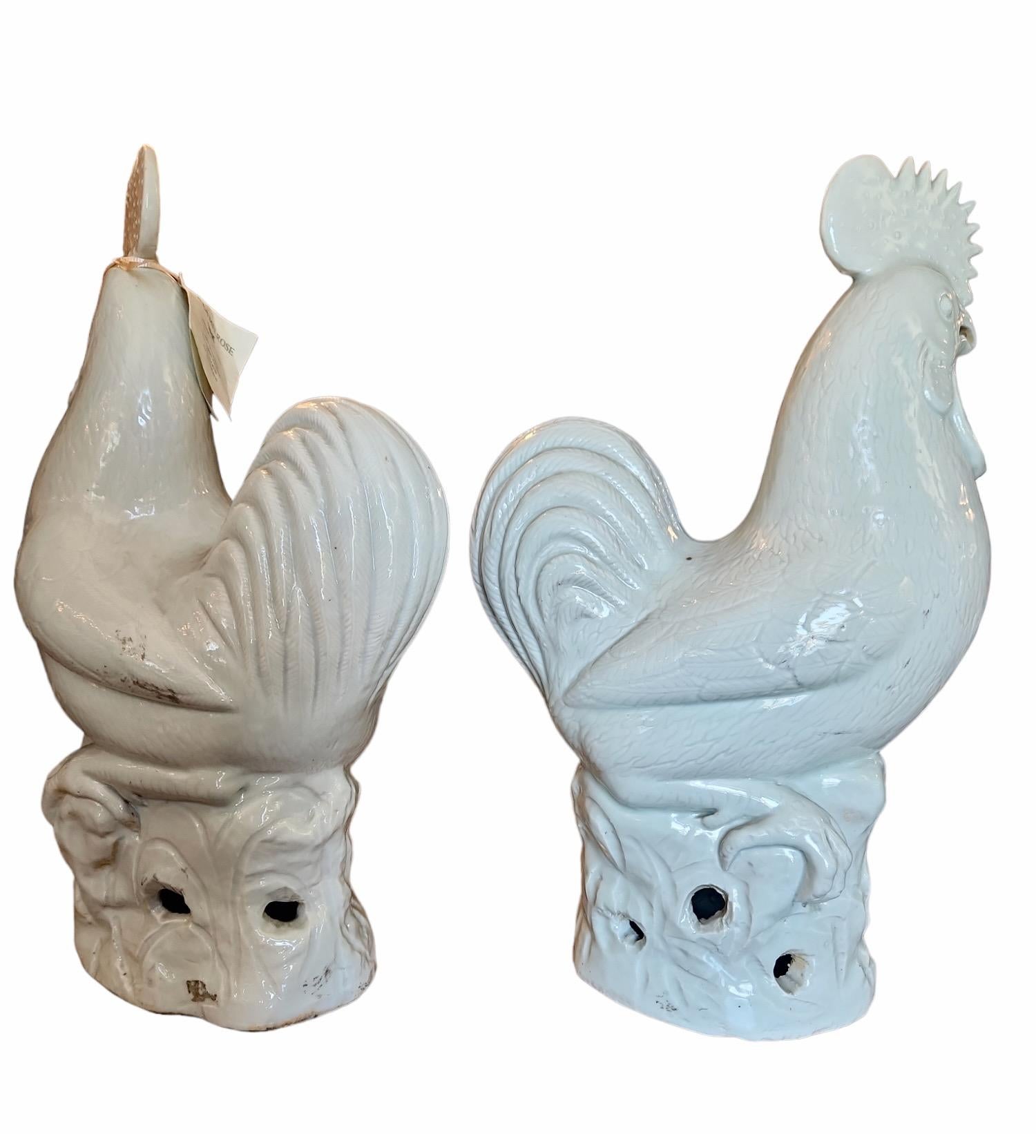 Hand-Crafted Pair of 1900 Chinese Blanc de Chine Roosters For Sale