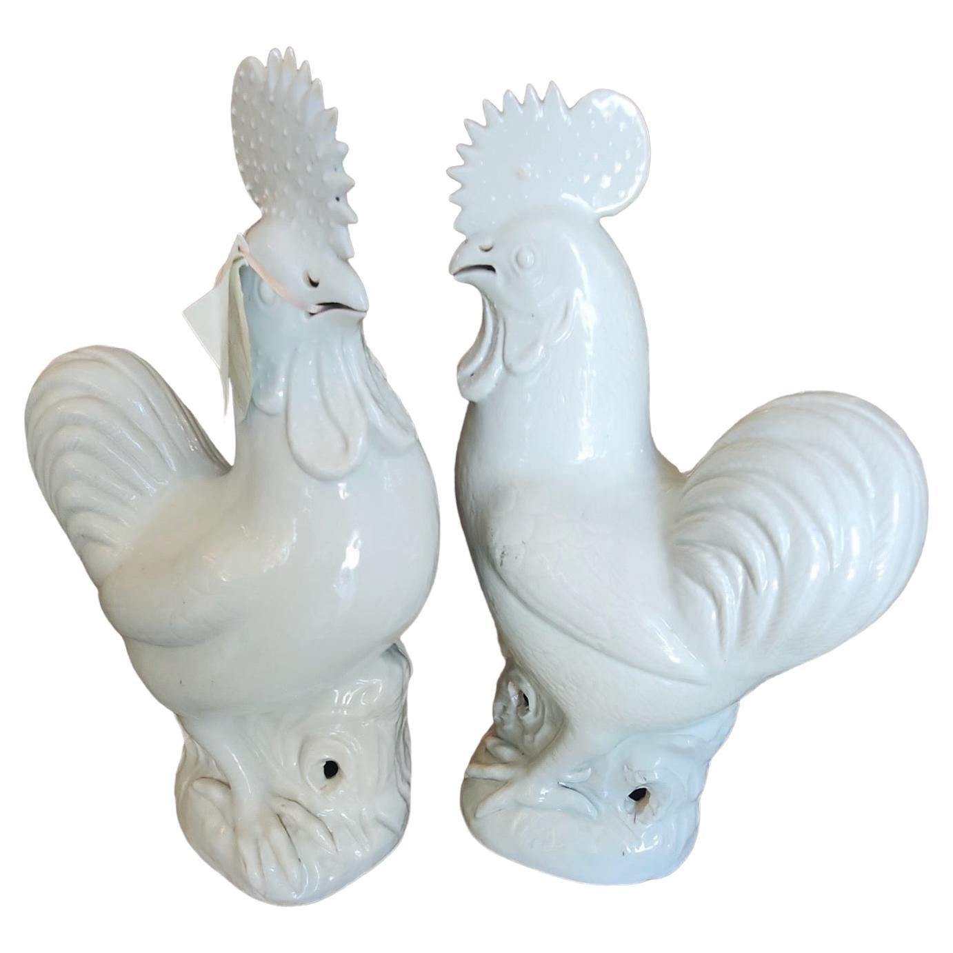Pair of 1900 Chinese Blanc de Chine Roosters For Sale