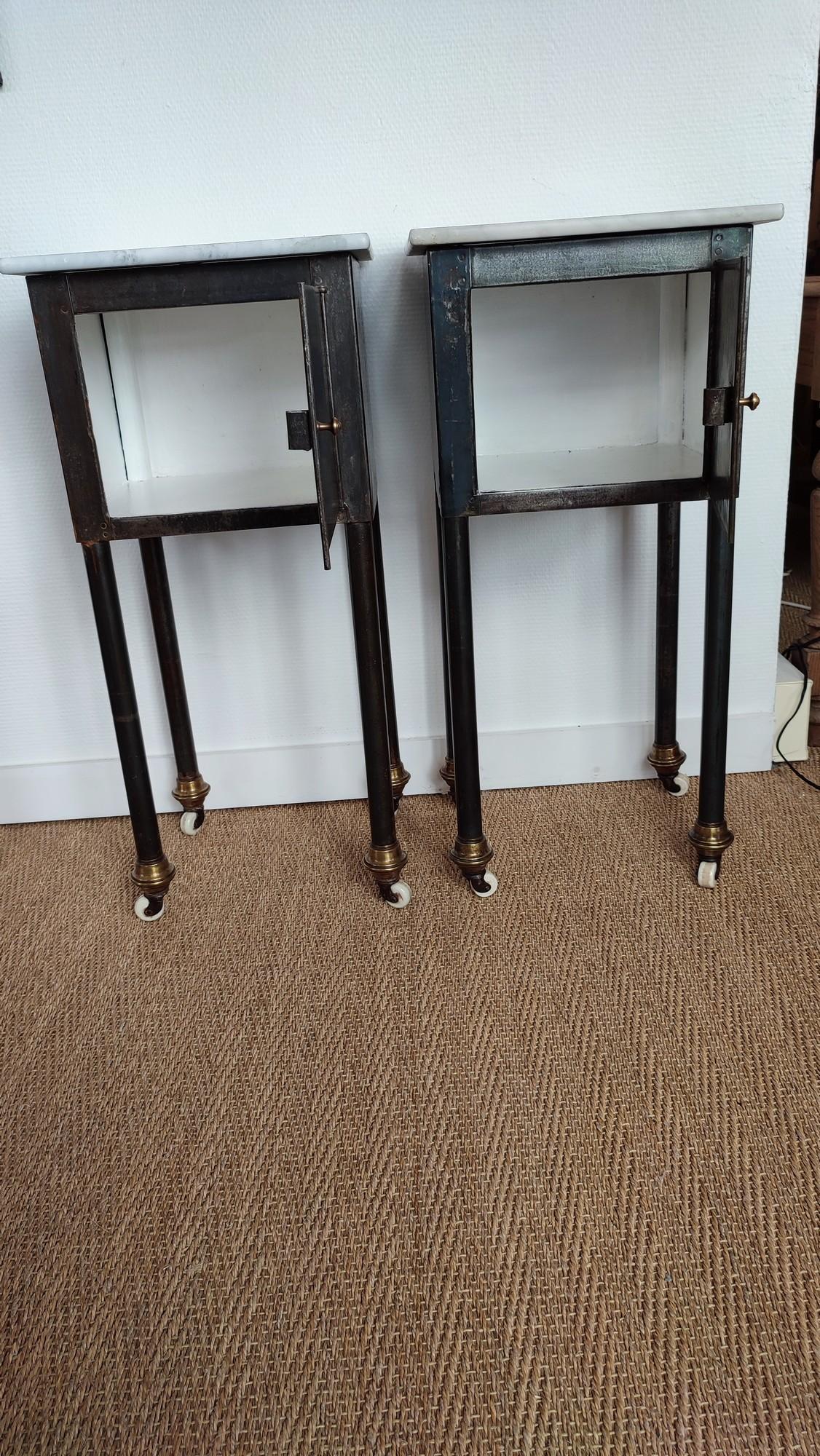 Industrial Pair of 1900 Metal and Marble Night Stands