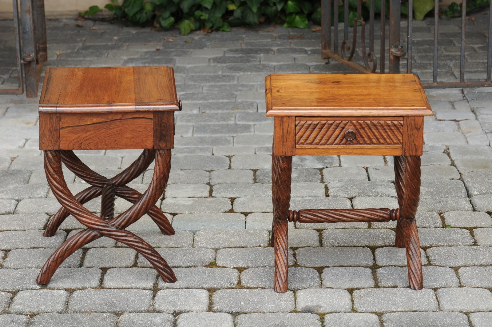 Wood Pair of 1900s Anglo-Indian Low Side Tables with Curule Bases and Twisted Accents For Sale