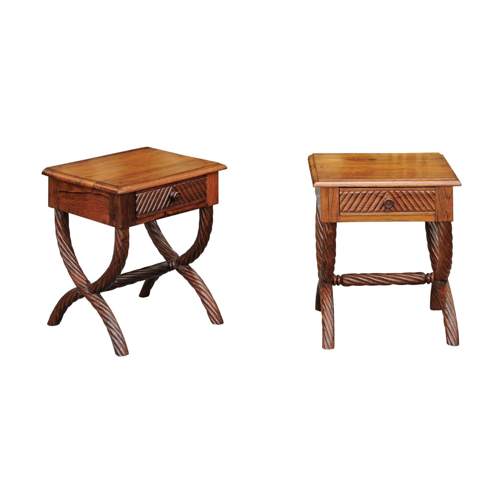 Pair of 1900s Anglo-Indian Low Side Tables with Curule Bases and Twisted Accents