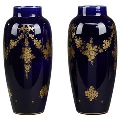 Paire de vases en porcelaine bleue des années 1900 de Tours