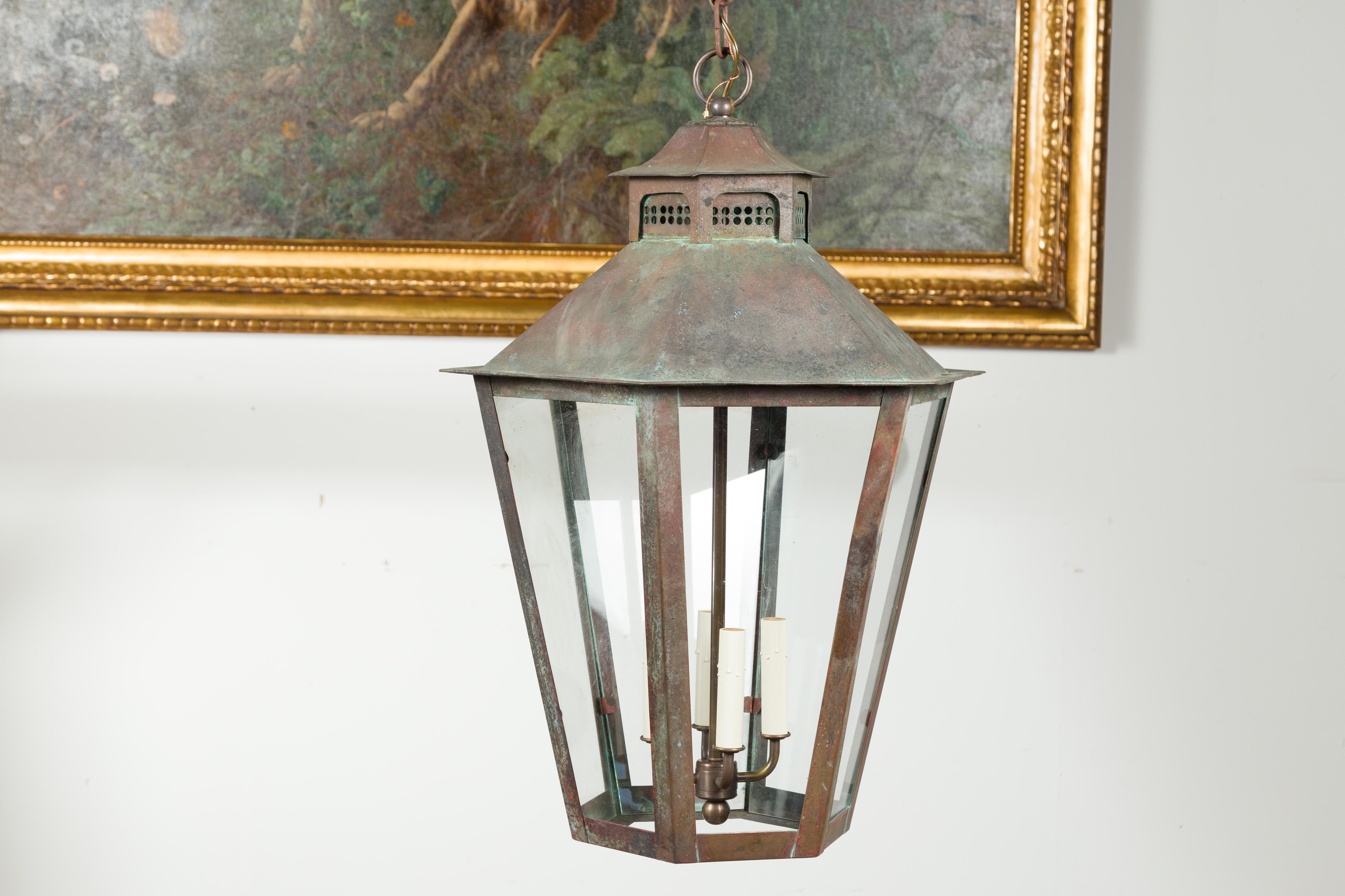Pair of 1900s English Turn of the Century Four-Light Hexagonal Copper Lanterns 1