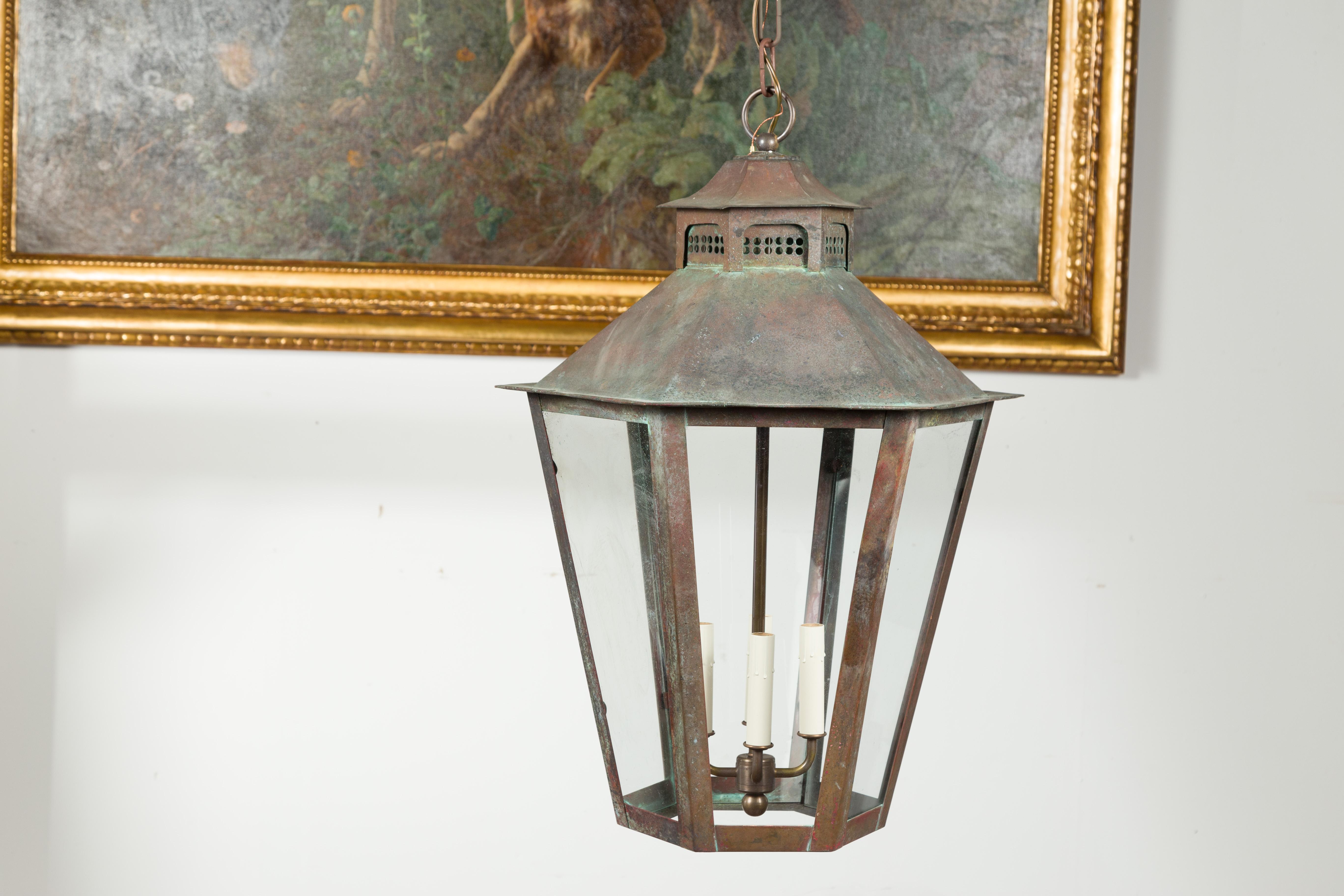 Pair of 1900s English Turn of the Century Four-Light Hexagonal Copper Lanterns 2