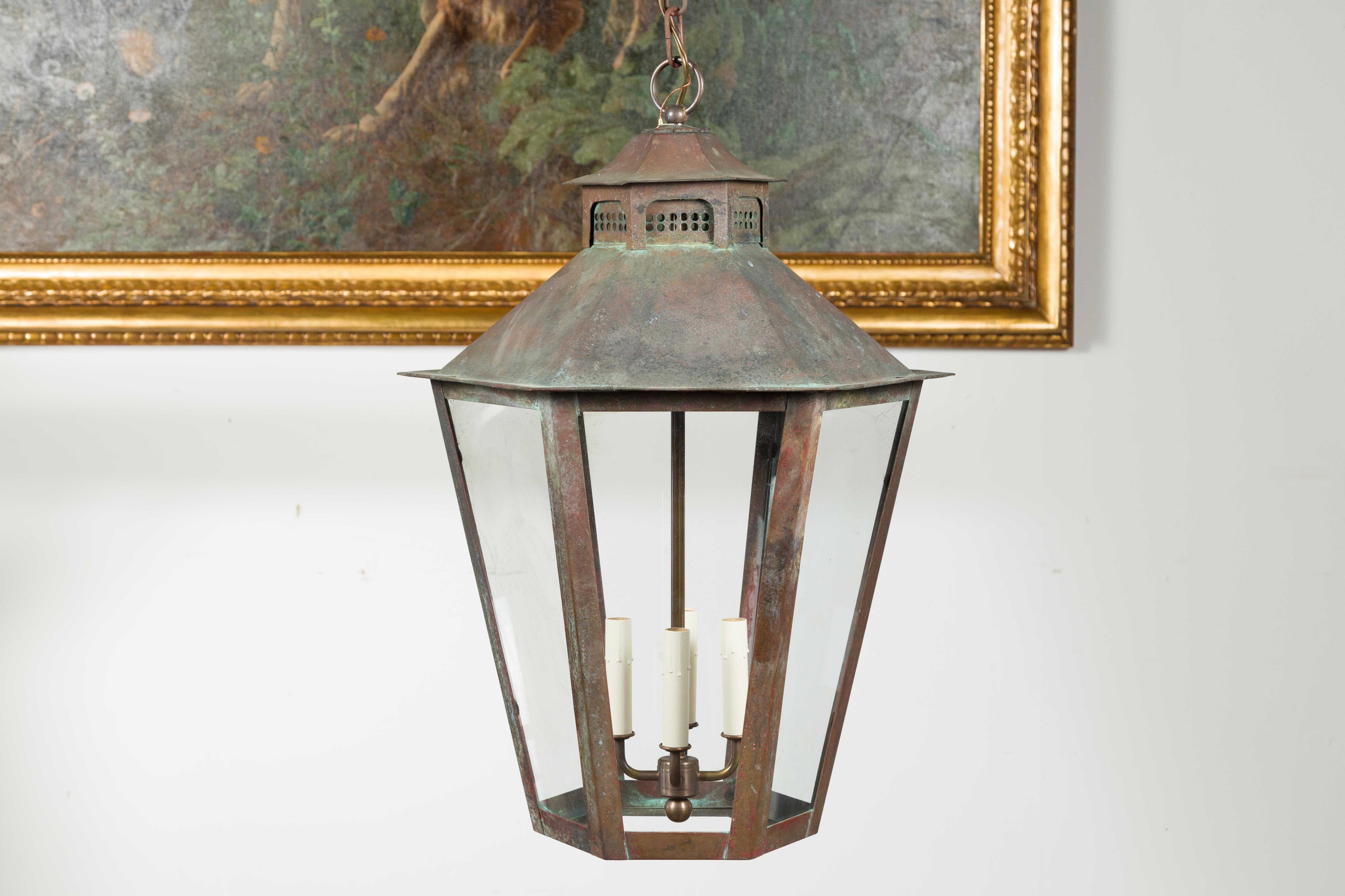 Pair of 1900s English Turn of the Century Four-Light Hexagonal Copper Lanterns 3