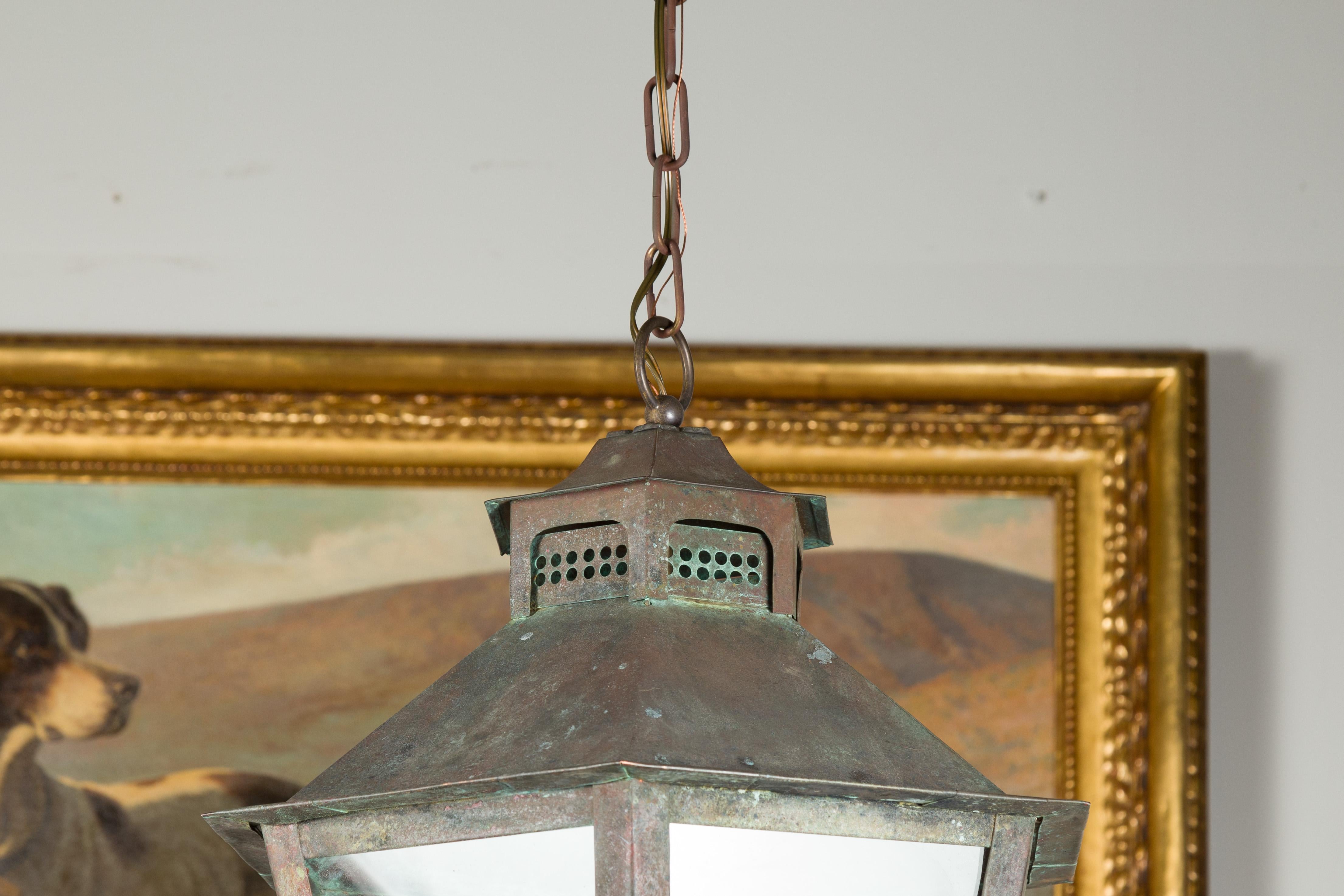 Pair of 1900s English Turn of the Century Four-Light Hexagonal Copper Lanterns 5