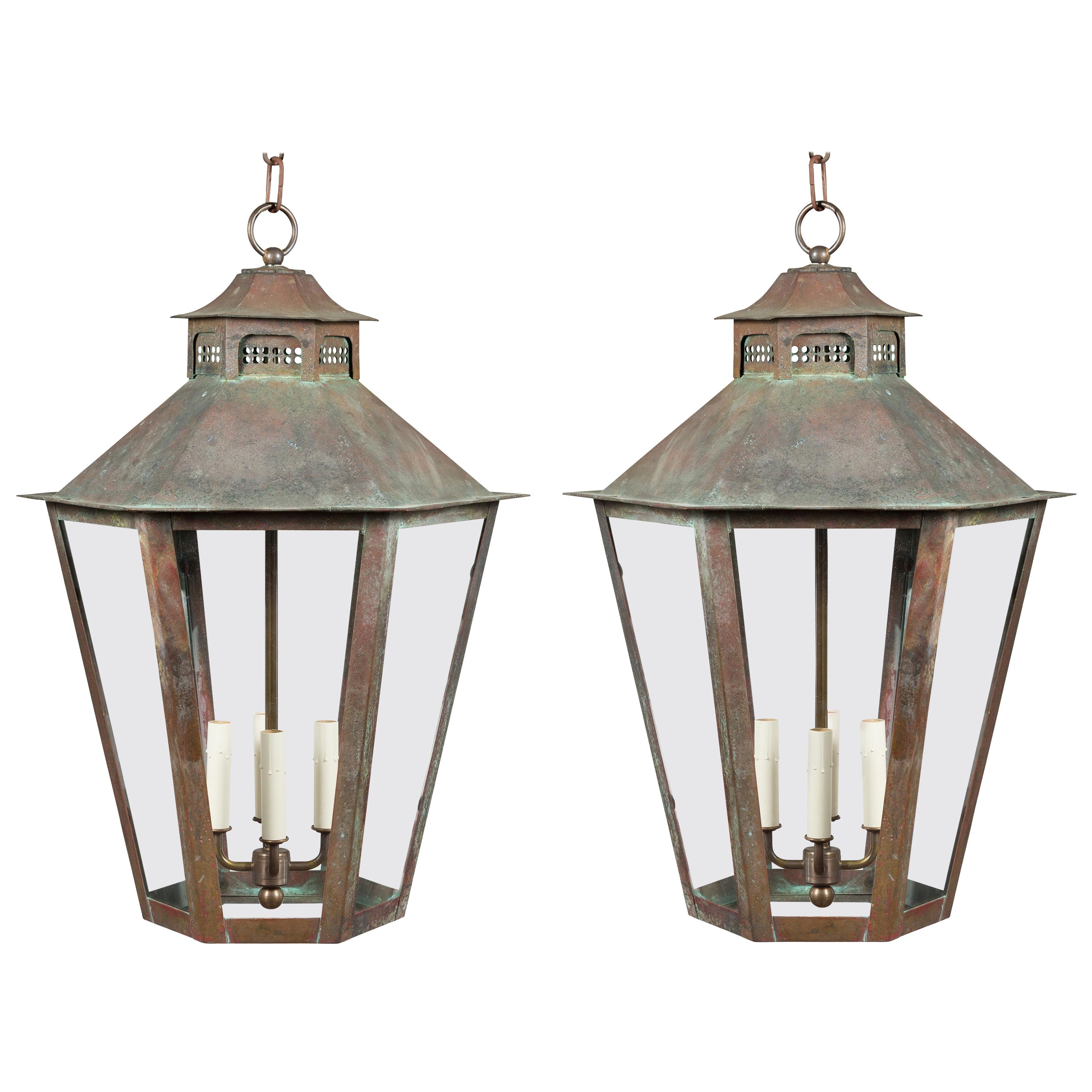 Pair of 1900s English Turn of the Century Four-Light Hexagonal Copper Lanterns