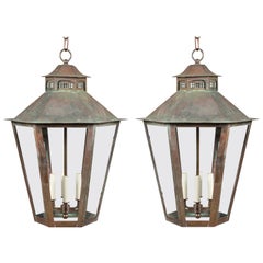 Pair of 1900s English Turn of the Century Four-Light Hexagonal Copper Lanterns