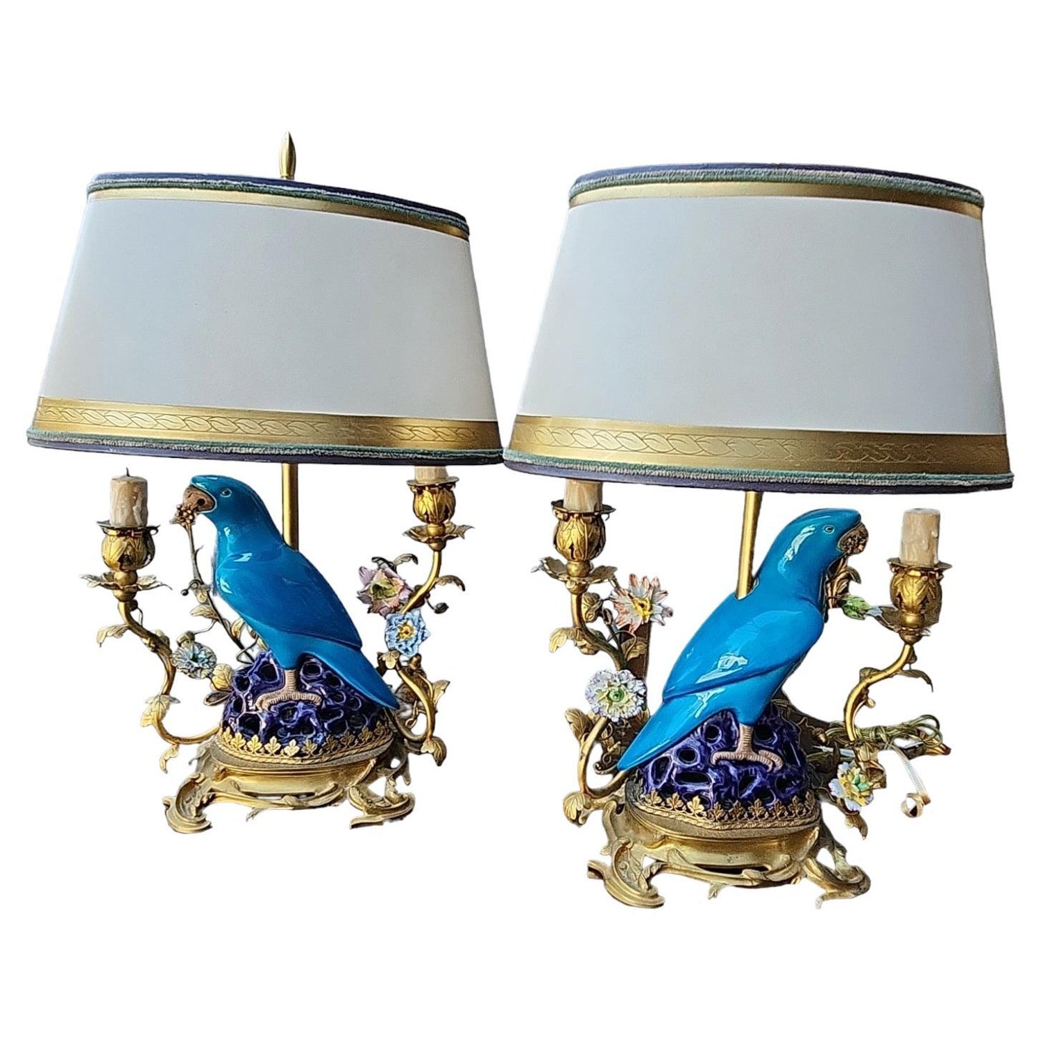 Pair of Volkstedt parrots mounted on French gilt table lamp, c. 1900 For  Sale at 1stDibs