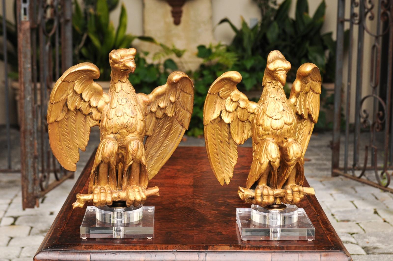 Pair of 1900s French Carved Giltwood Eagle Sculptures Mounted on Lucite Bases For Sale 6