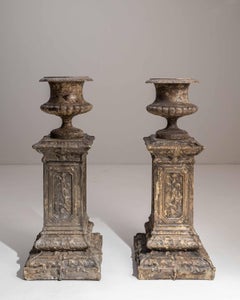 Pair Of 1900s French Neoclassical Cast Iron Urns On Pedestals By Alfred Corneau