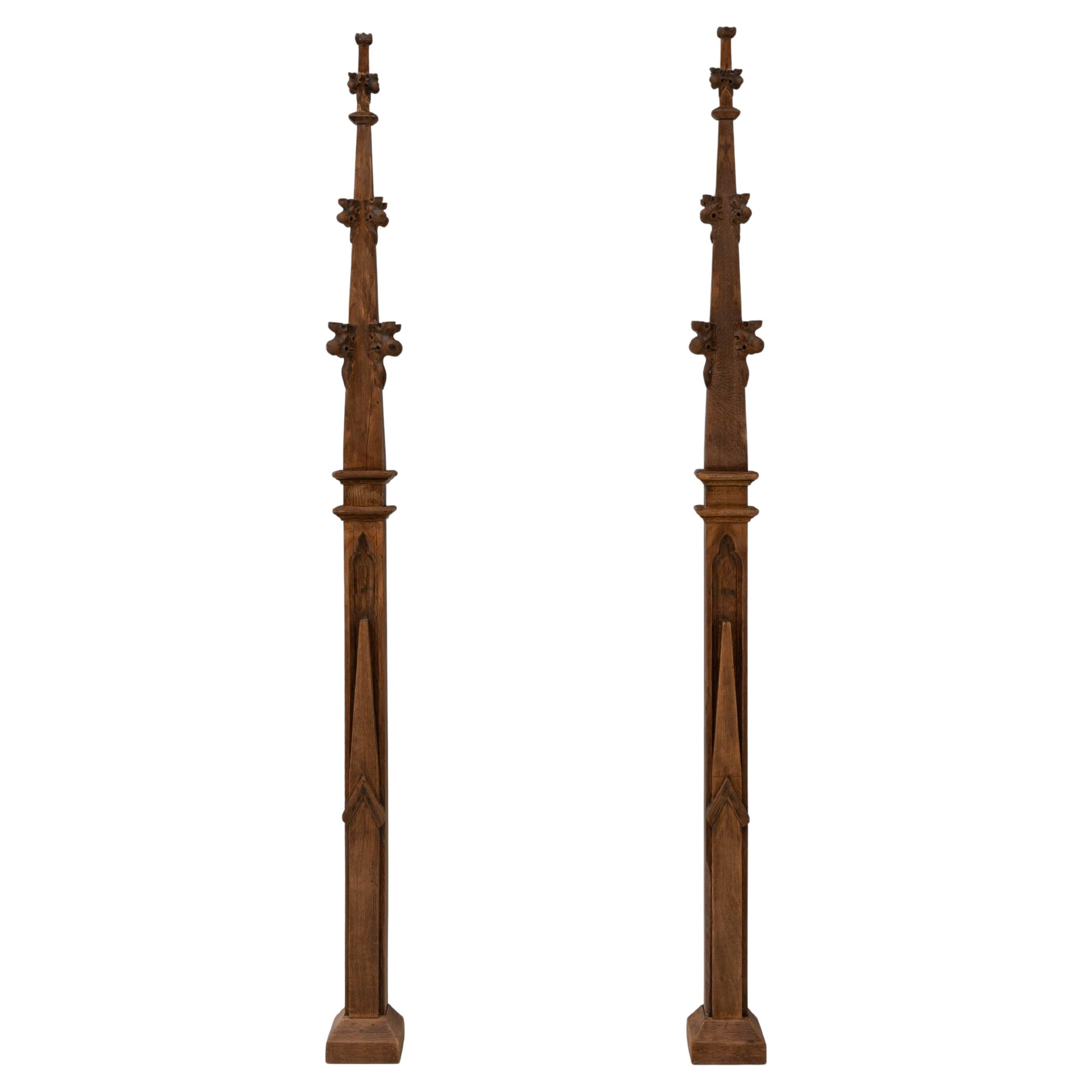 Pair Of 1900s French Oak Gothic-Style Building Spires