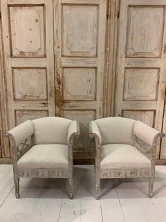Pair of 1900s Swedish Neoclassical Decorated Painted & Upholstered Armchairs
