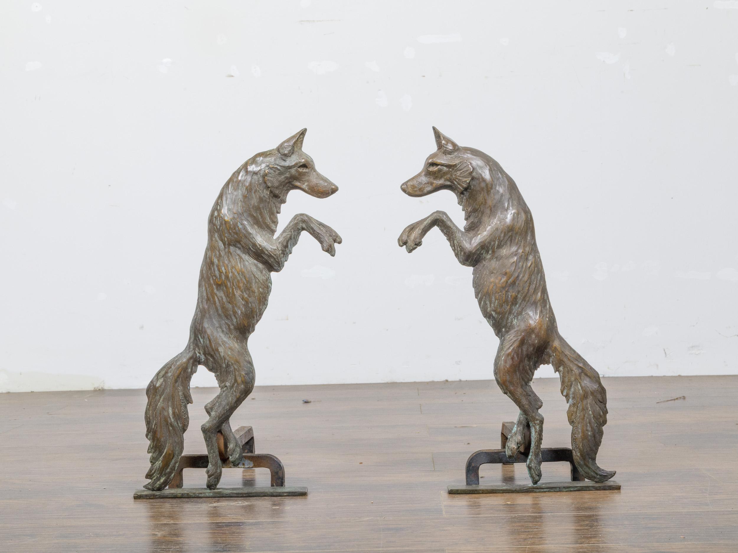 Pair of 1900s Turn of the Century American Bronze Wolves Andirons For Sale 9