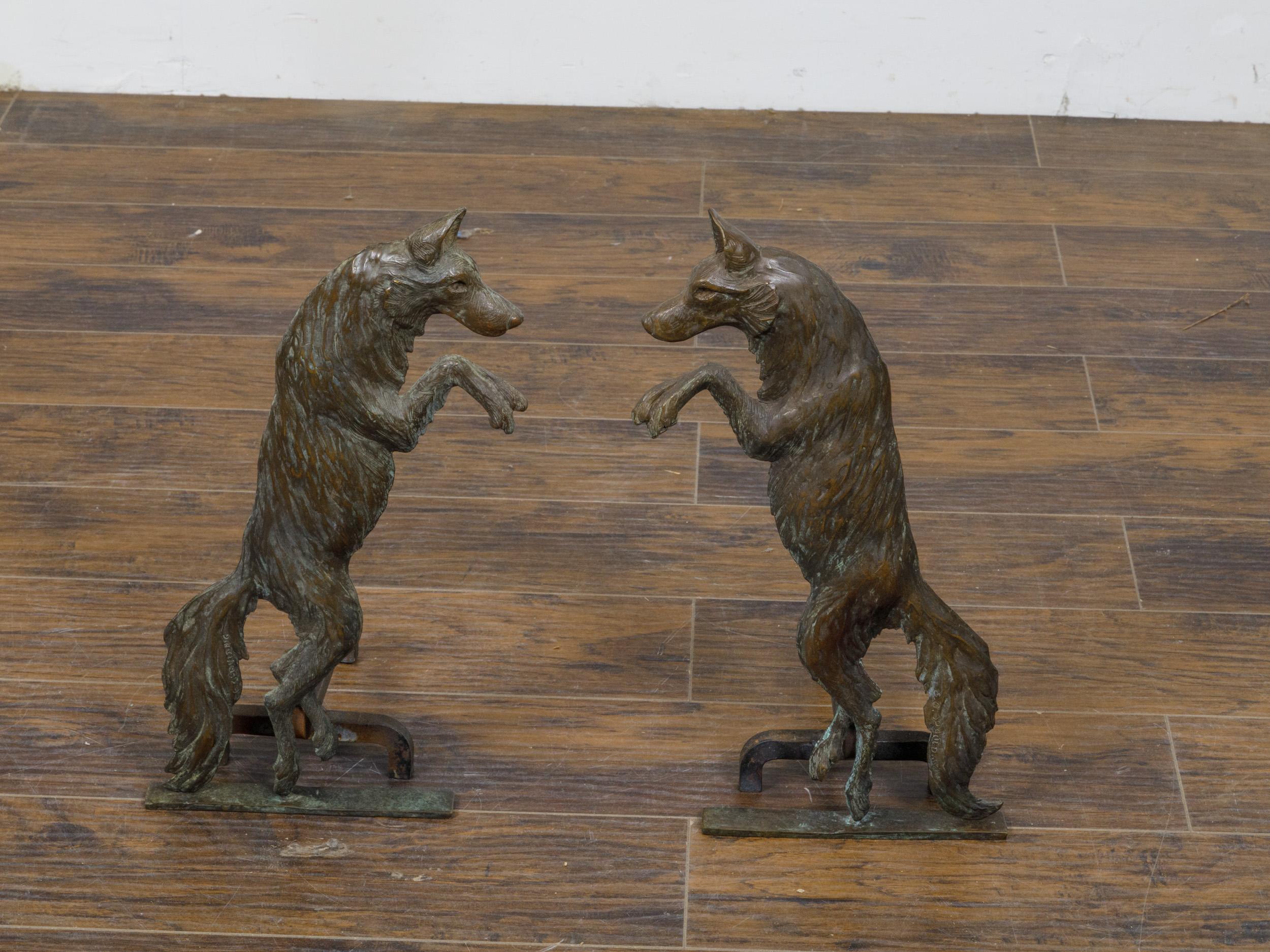 Pair of 1900s Turn of the Century American Bronze Wolves Andirons For Sale 10