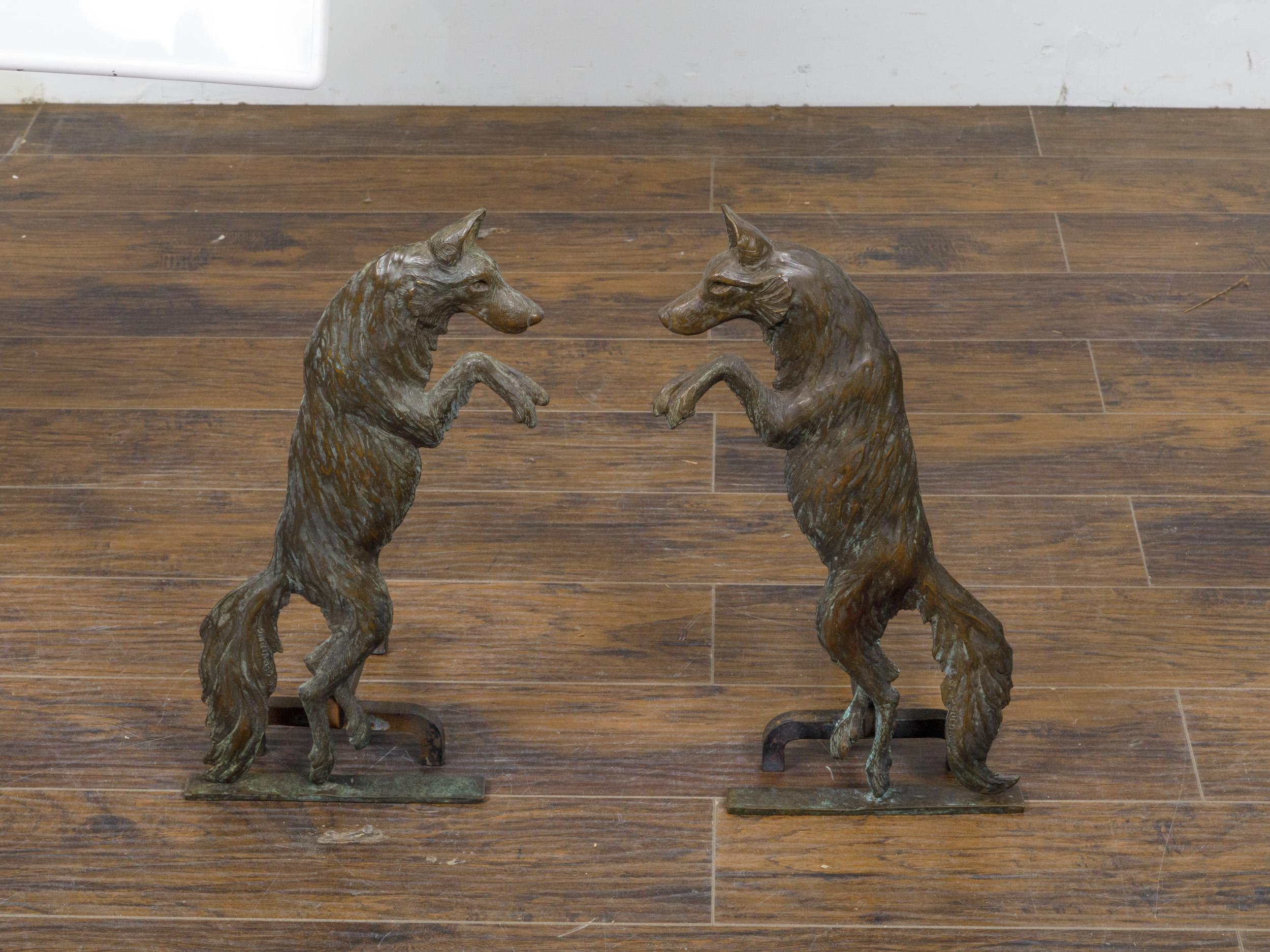 Pair of 1900s Turn of the Century American Bronze Wolves Andirons For Sale 11